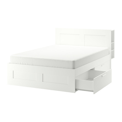 HEMNES bed frame with 4 storage boxes white stain/Lönset - IKEA