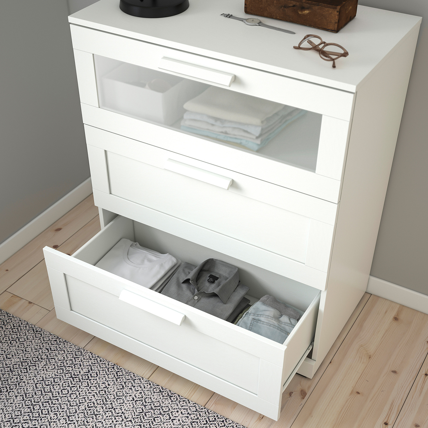 IKEA Brimnes チェスト（3段)※直接引取は1400円 BRIMNES chest of 3 drawers white/frosted glass - IKEA