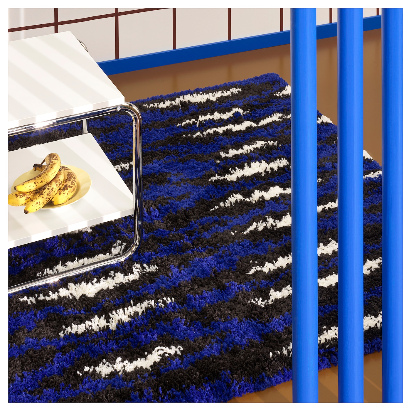 BULLERREMSA ブッレレムサ* 1個 BULLERREMSA rug, high pile blue white/black - IKEA