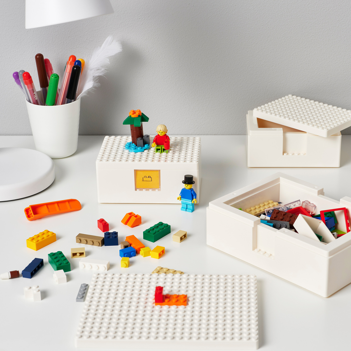 BYGGLEK LEGO® box with lid, set of 3 white - IKEA