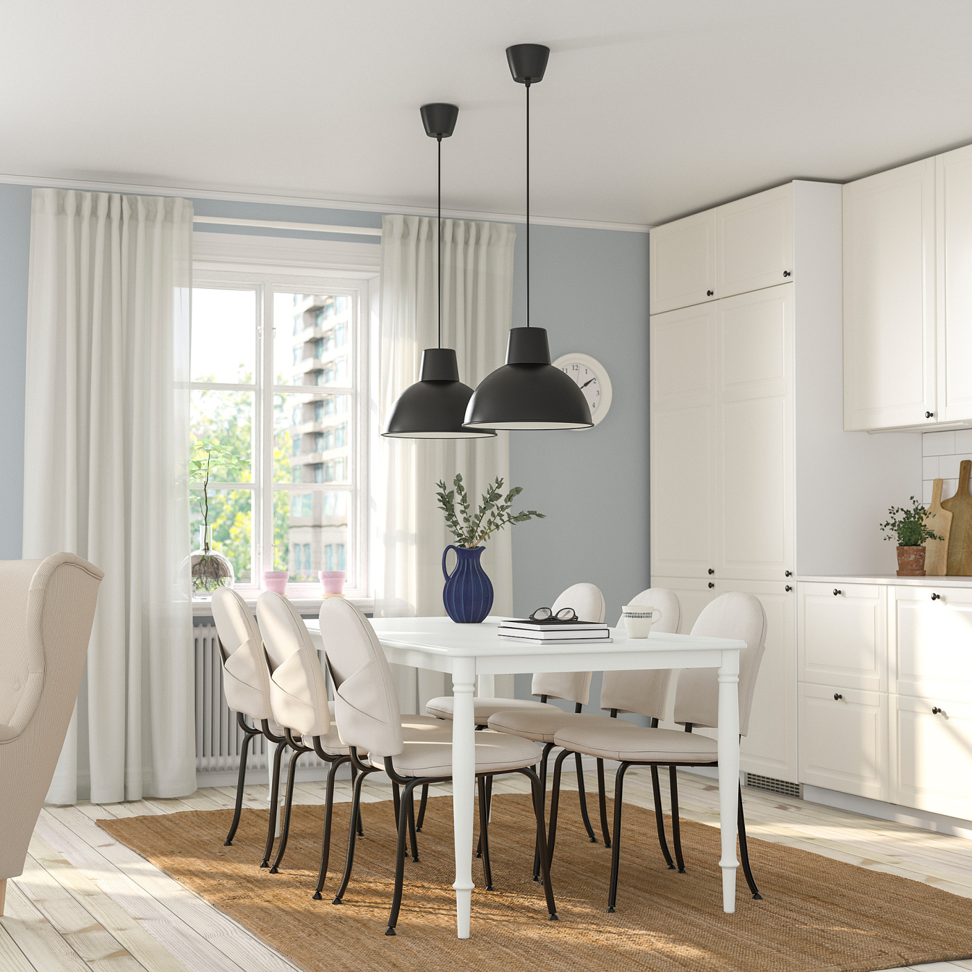 DANDERYD / EBBALYCKE table and 6 chairs white/Idekulla beige - IKEA