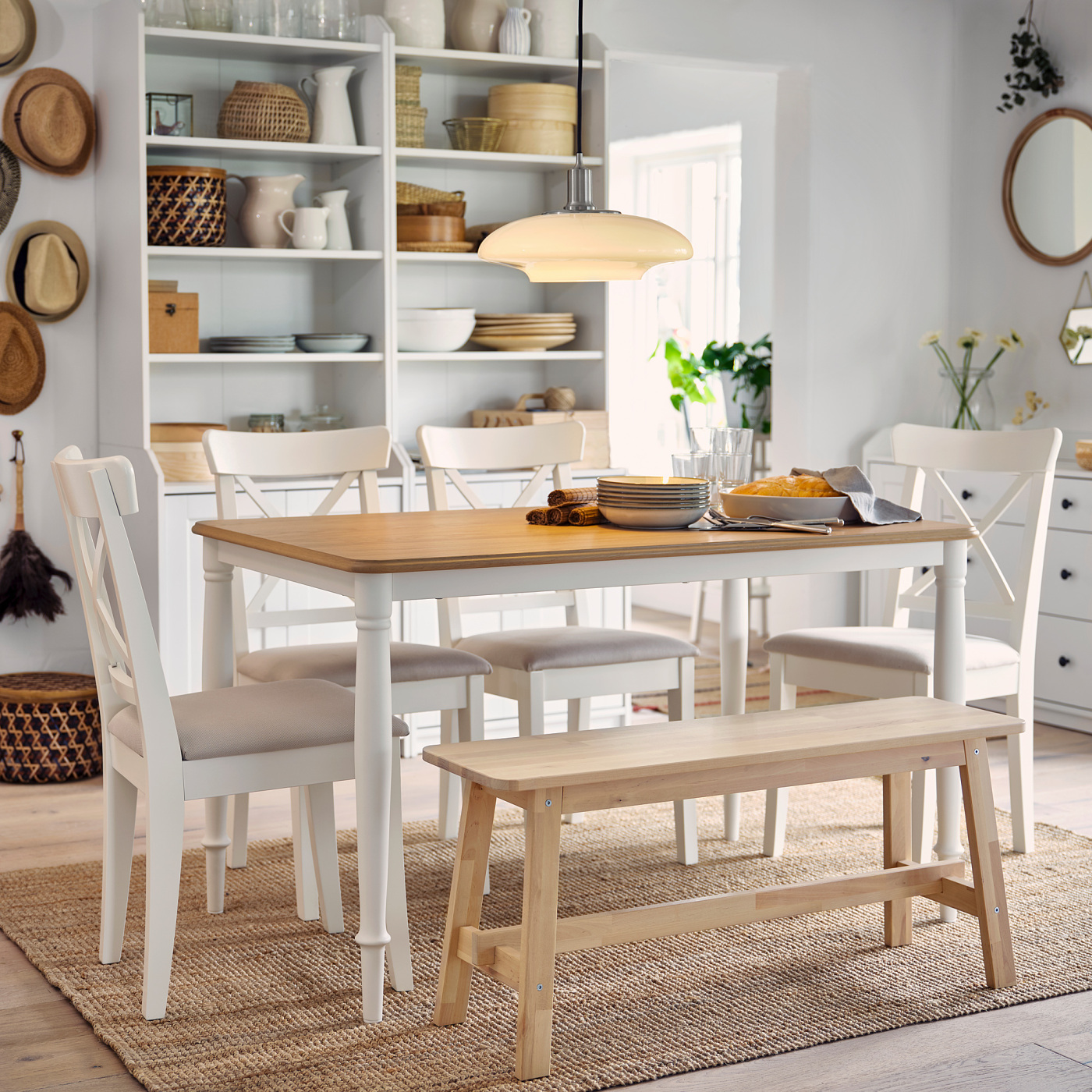 DANDERYD / INGOLF table and 4 chairs oak veneer white/Hallarp