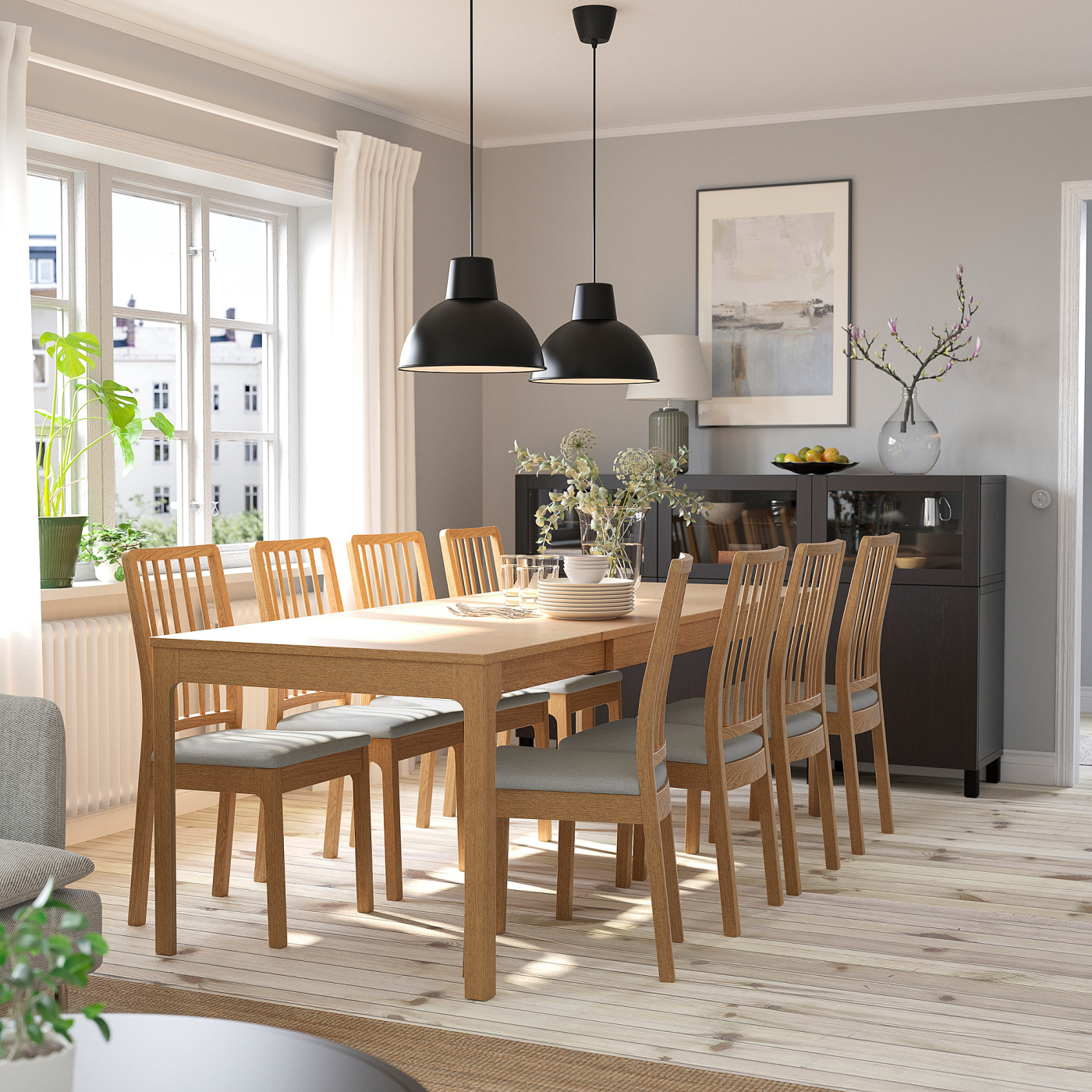 EKEDALEN / EKEDALEN table and 6 chairs oak/Orrsta light grey - IKEA