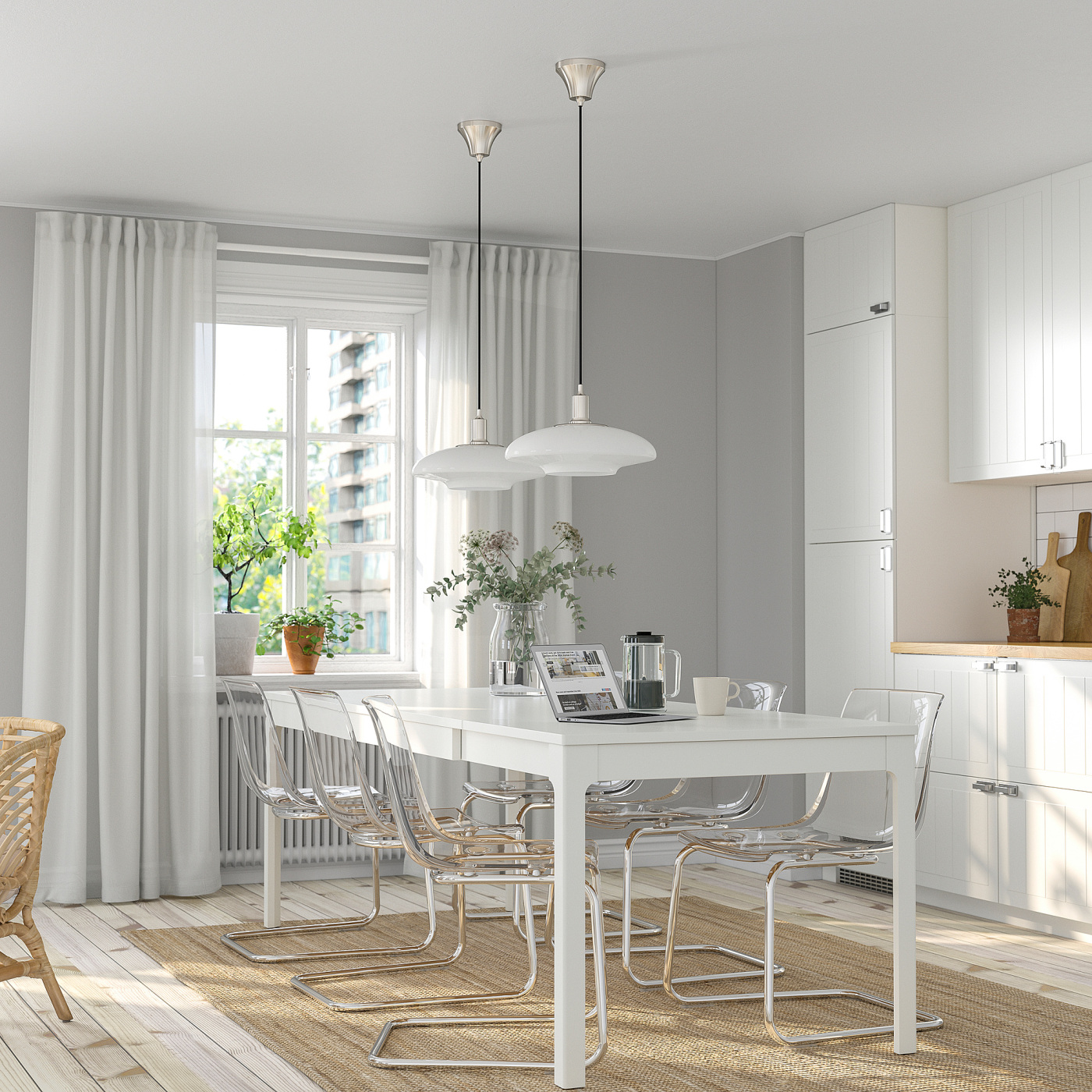 EKEDALEN / TOBIAS table and 6 chairs white/transparent chrome