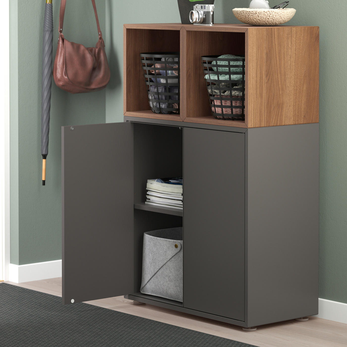 EKET cabinet combination with feet dark grey/walnut effect - IKEA