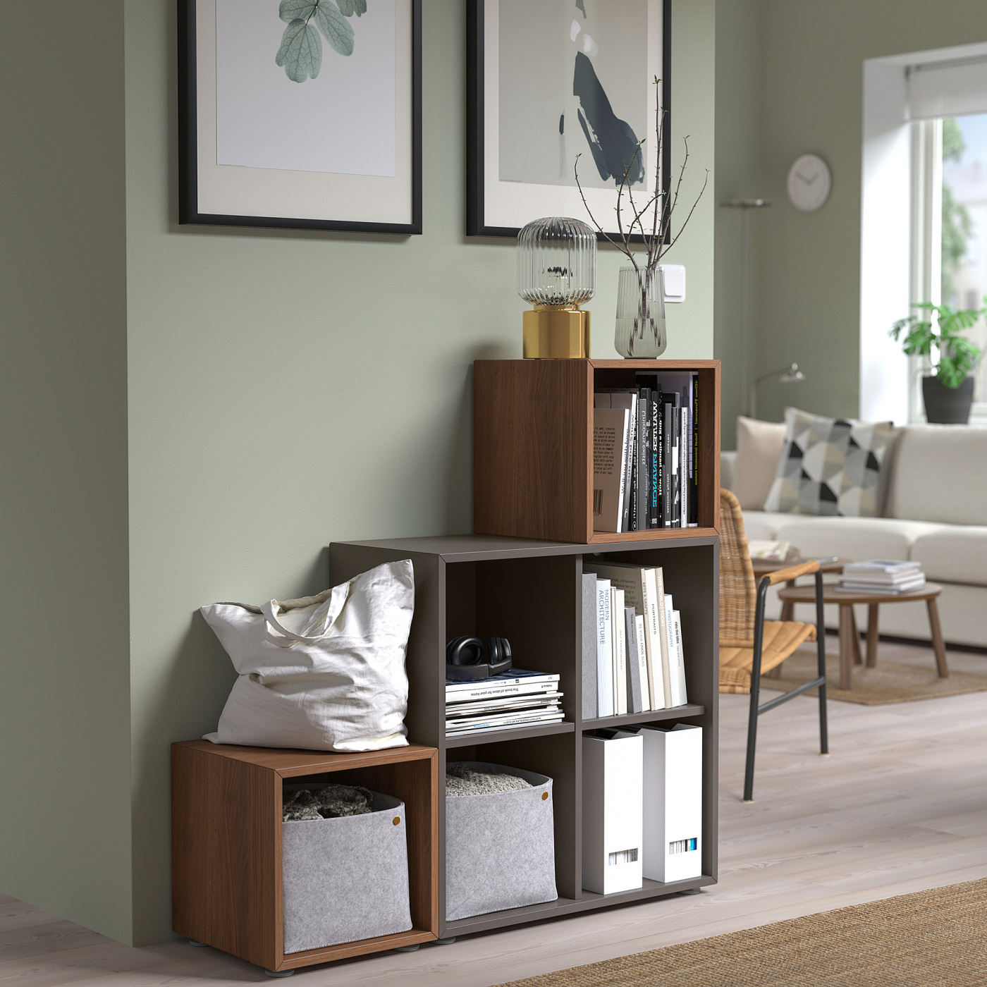 EKET cabinet combination with feet dark grey/walnut - IKEA
