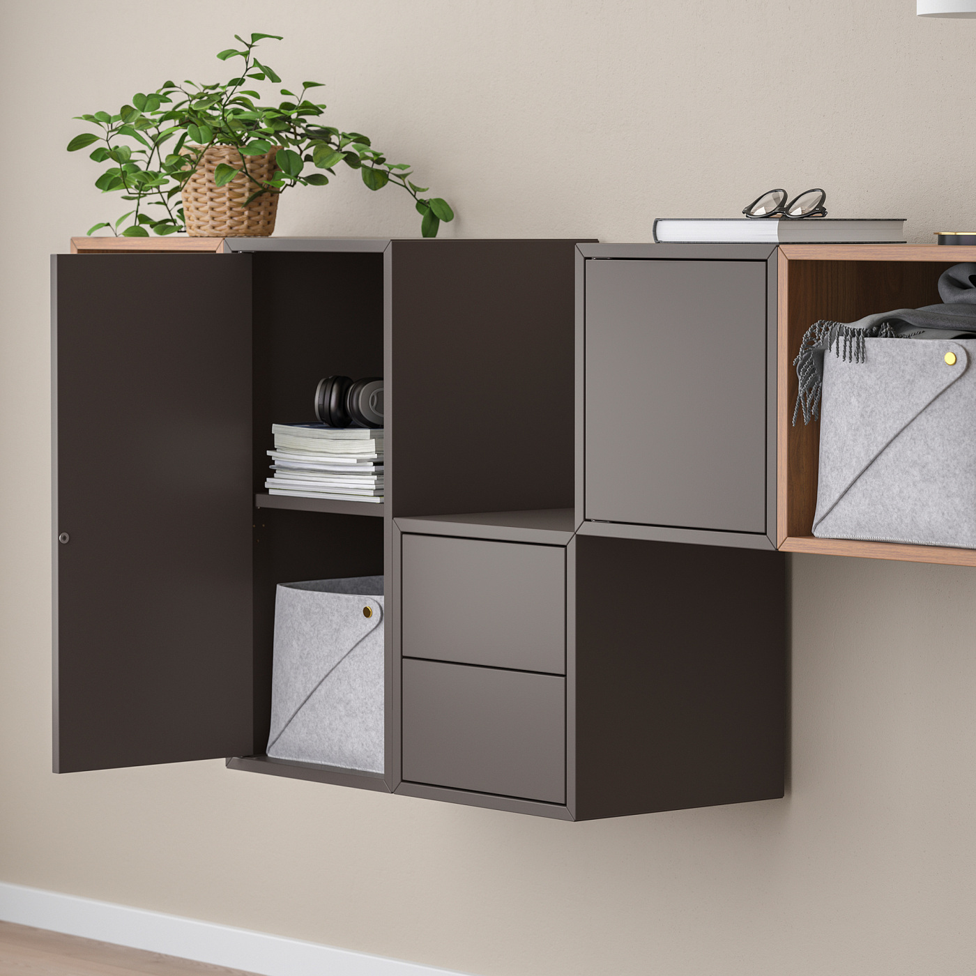 EKET wall-mounted cabinet combination dark grey/walnut effect - IKEA