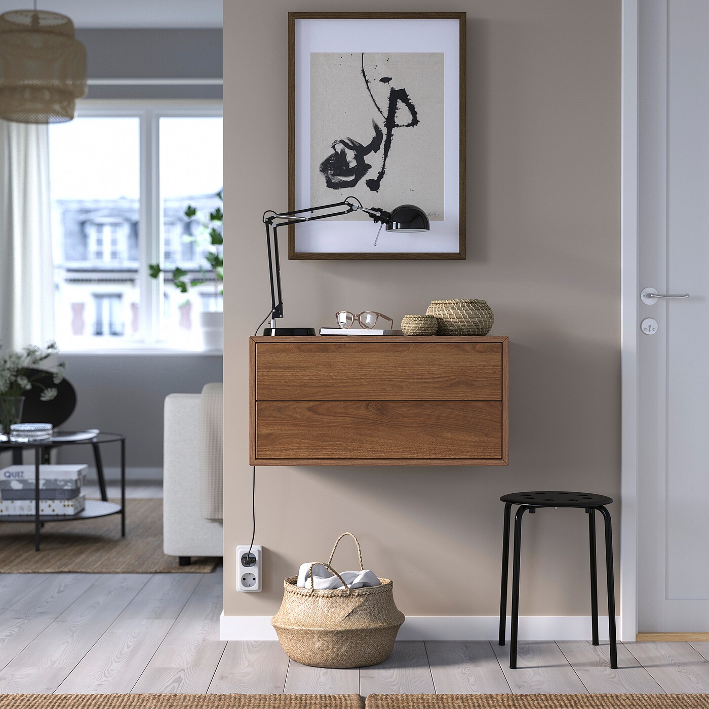 EKET wall-mounted storage combination with 2 drawers/walnut effect