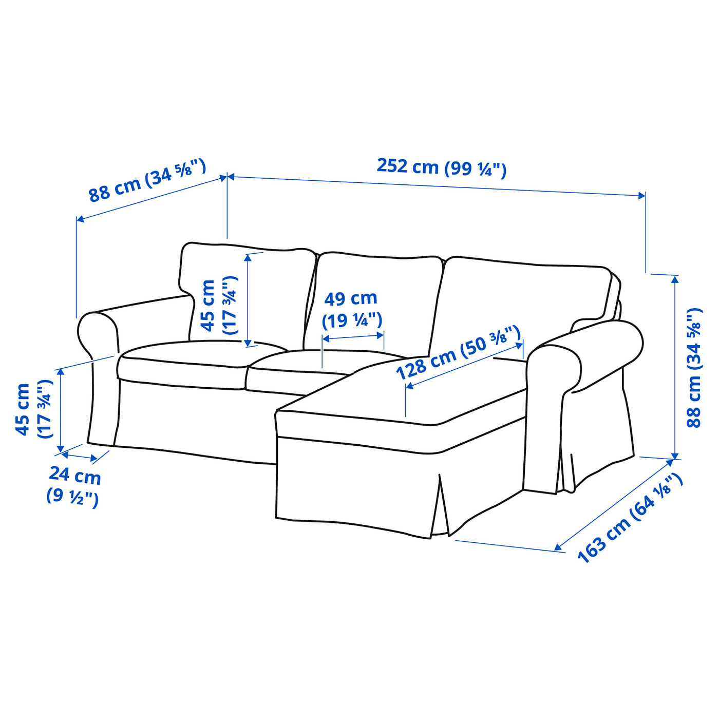 EKTORP 3-seat sofa with chaise longue Totebo dark turquoise - IKEA