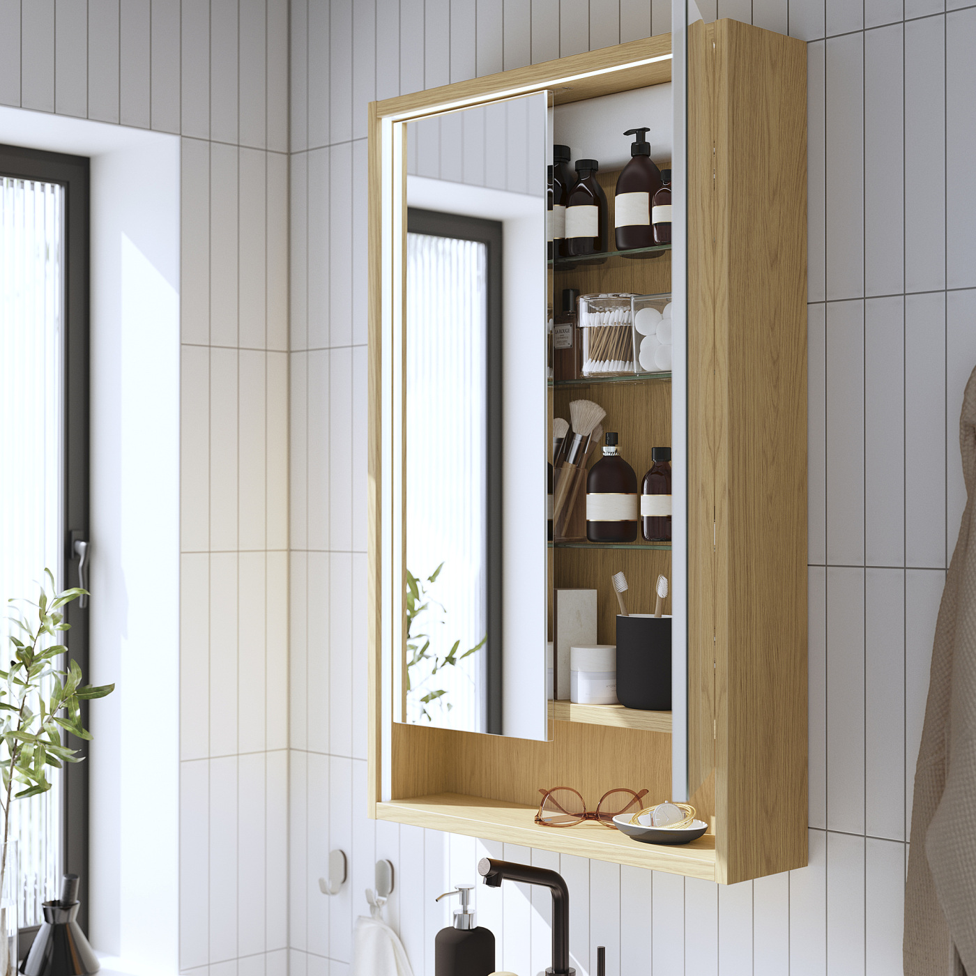 FAXÄLVEN mirror cabinet w built-in lighting oak effect - IKEA
