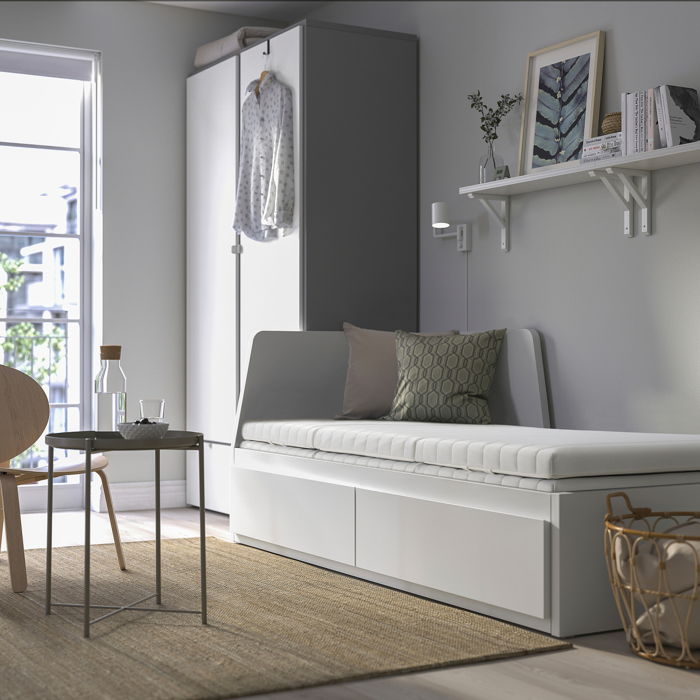 FLEKKE day-bed w 2 drawers/2 mattresses white/Ånnfjället super