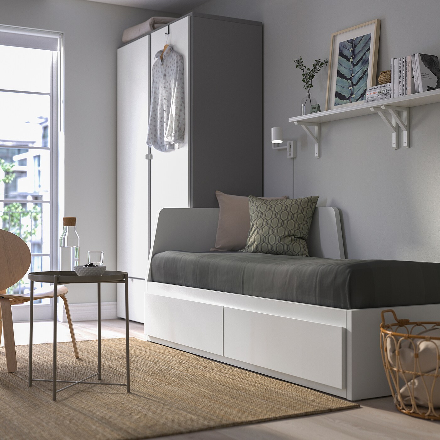 FLEKKE day-bed w 2 drawers/2 mattresses white/Vannareid