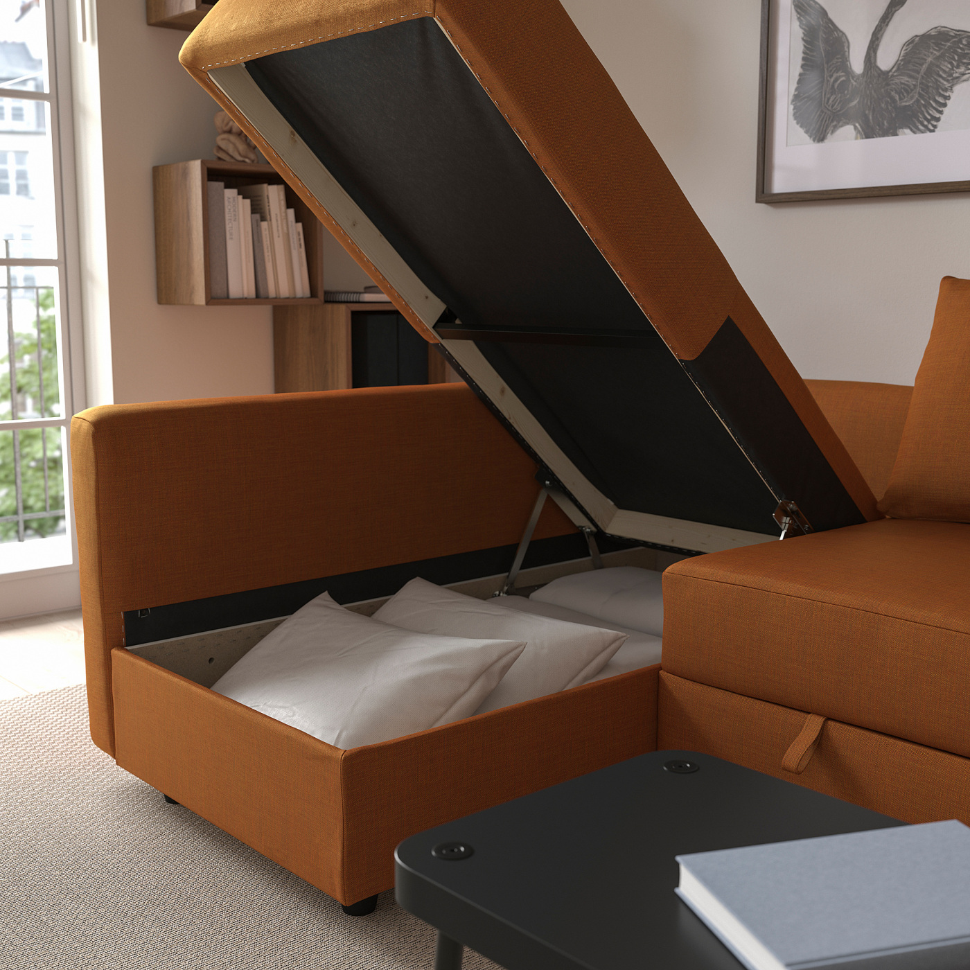 FRIHETEN / KLAGSHAMN corner sofa-bed with storage Faringe brown