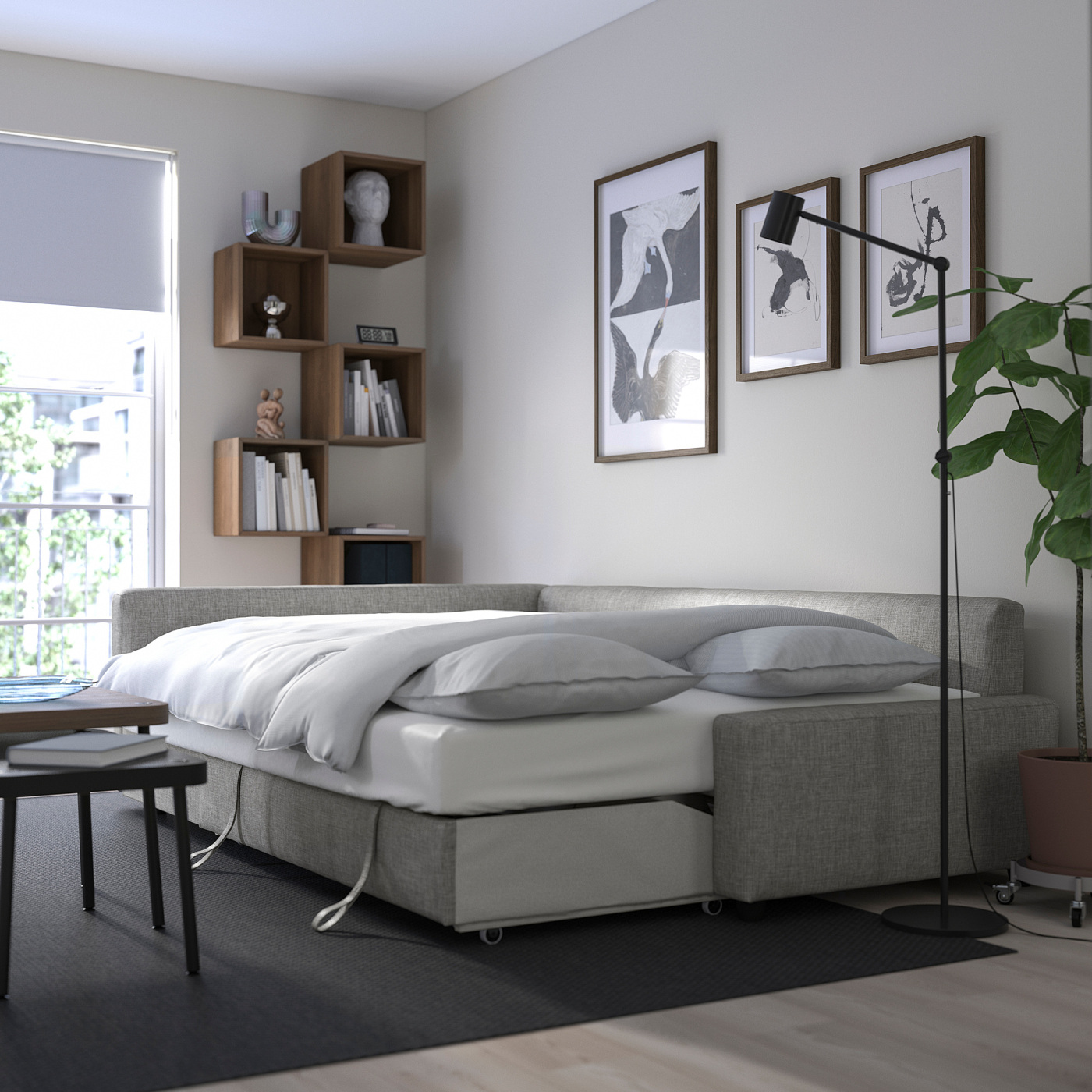 FRIHETEN / KLAGSHAMN corner sofa-bed with storage Faringe light