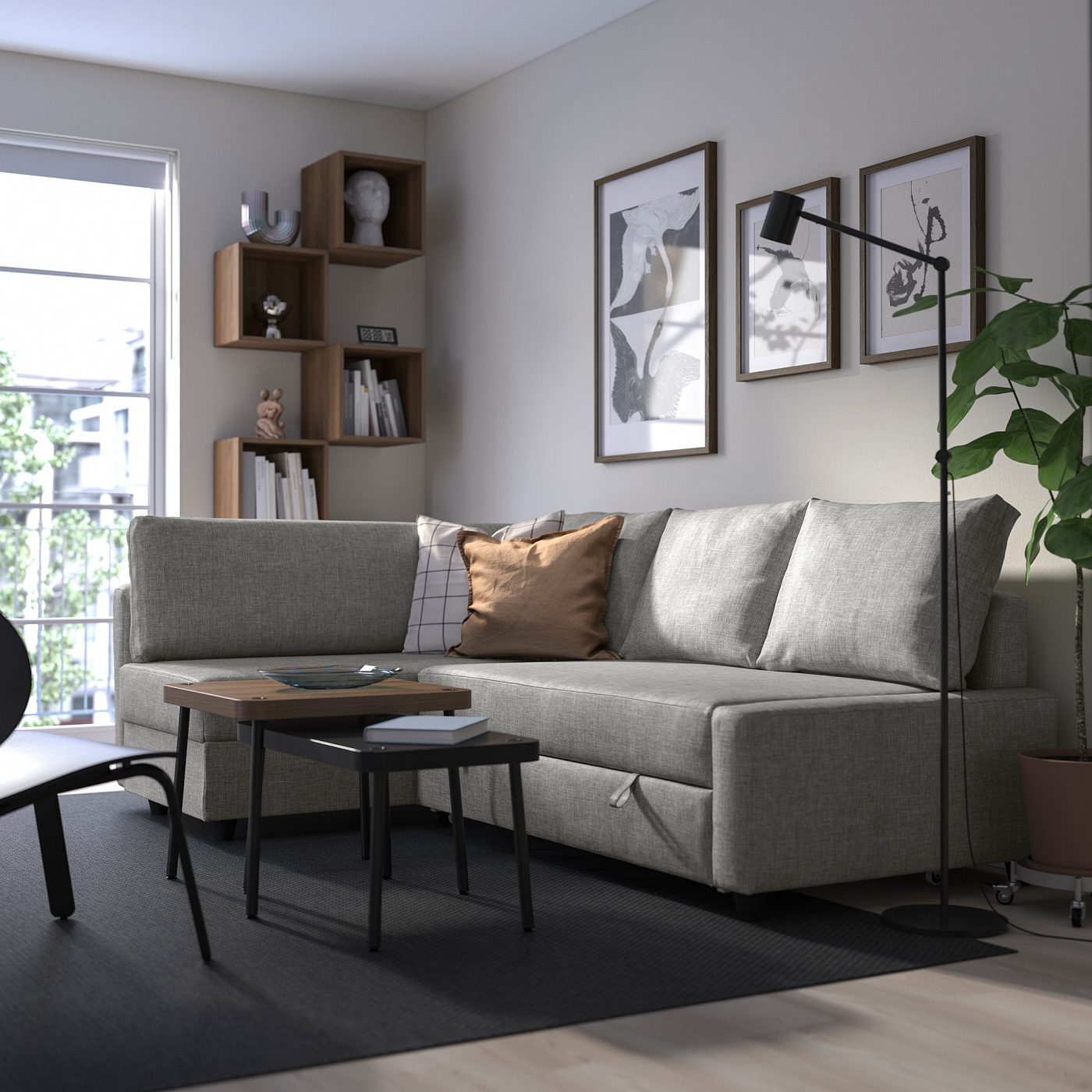 FRIHETEN / KLAGSHAMN corner sofa-bed with storage Faringe light