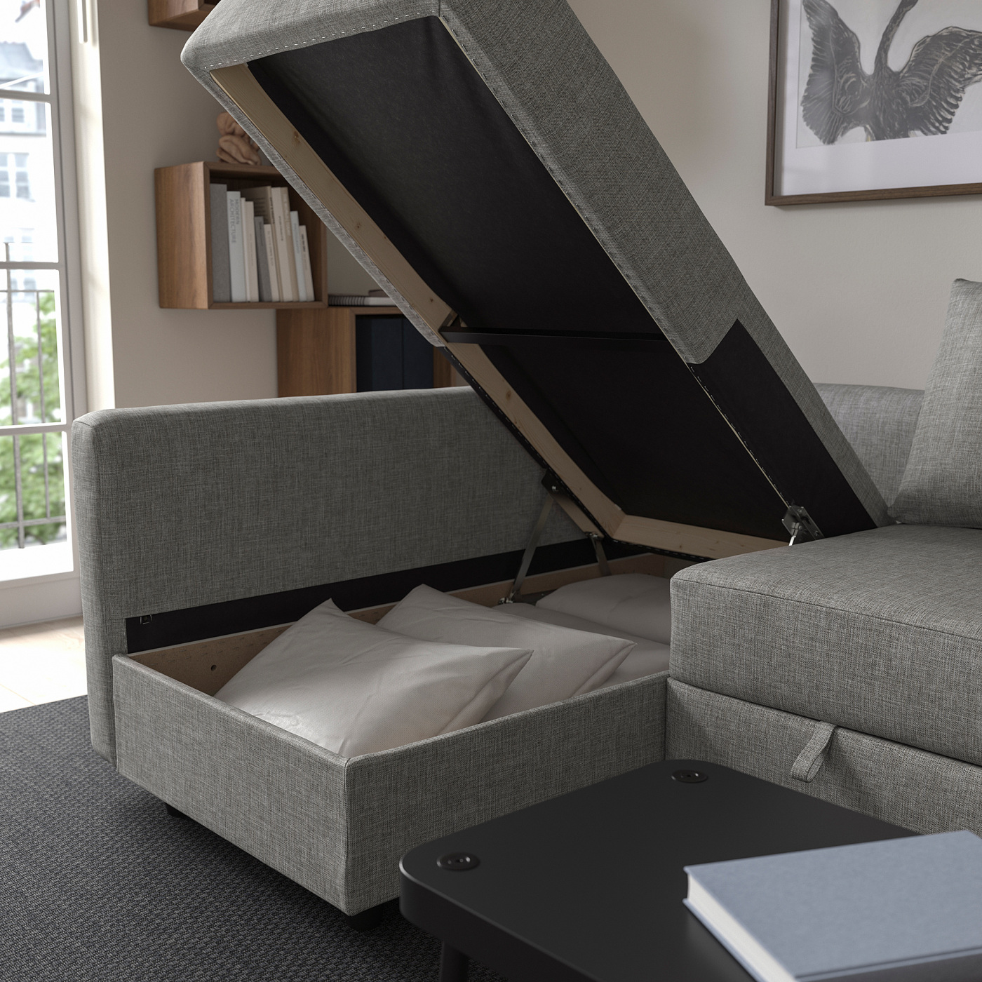 FRIHETEN / KLAGSHAMN corner sofa-bed with storage Faringe light