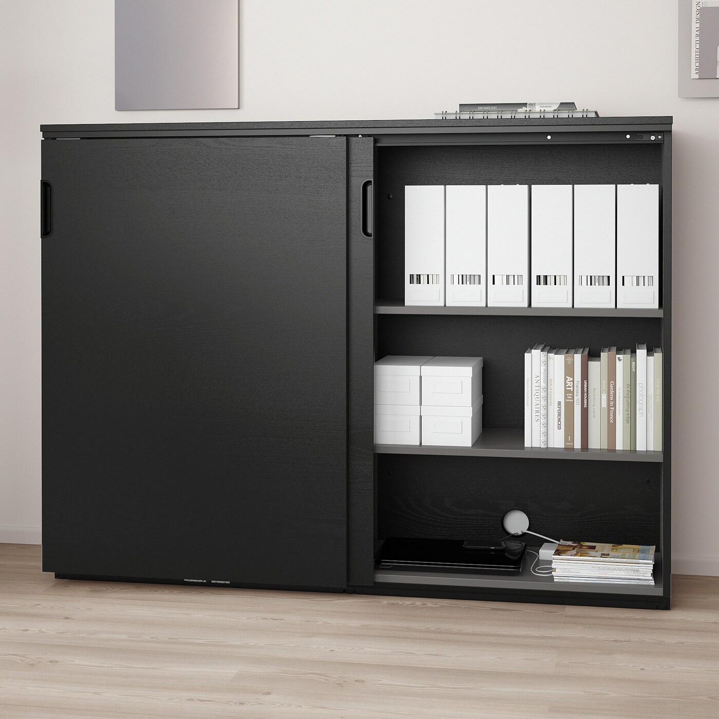 GALANT cabinet with sliding doors black stained ash veneer
