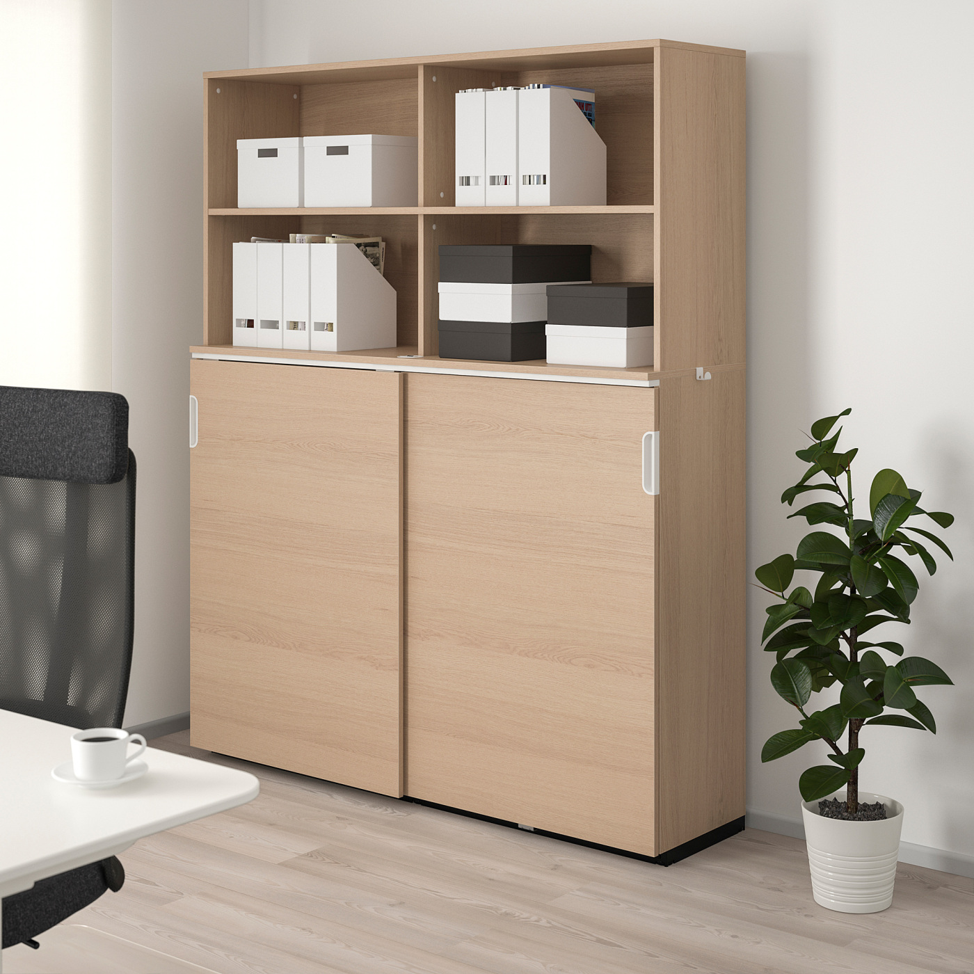 GALANT storage combination w sliding doors white stained oak