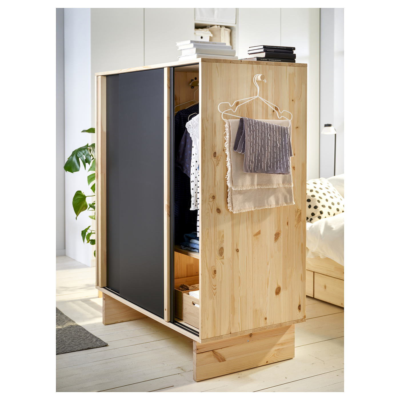 GLAMBERGET wardrobe with 3 sliding doors pine/black - IKEA