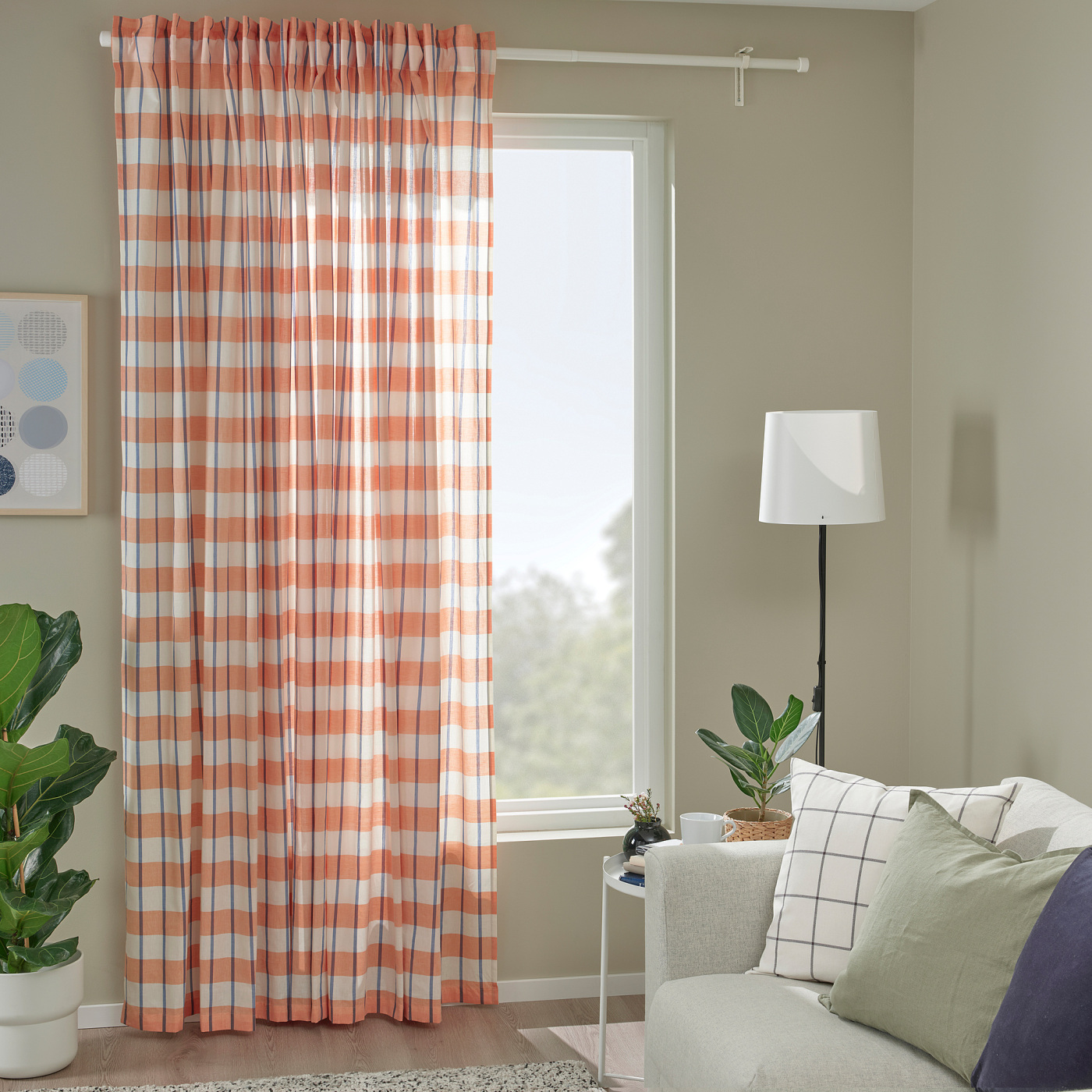 ikea GLANSHAGTORN オレンジ チェックカーテン GLANSHAGTORN curtain, 1 piece orange white/blue/with heading tape