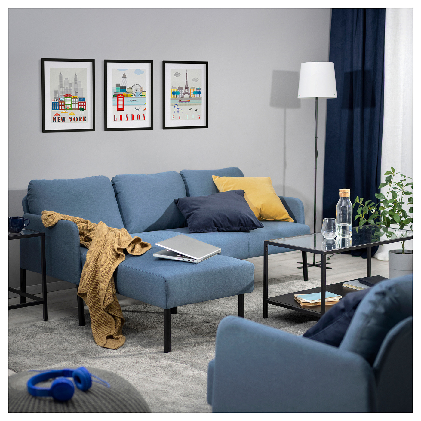 GLOSTAD 3-seat sofa with chaise longue Knisa medium blue - IKEA
