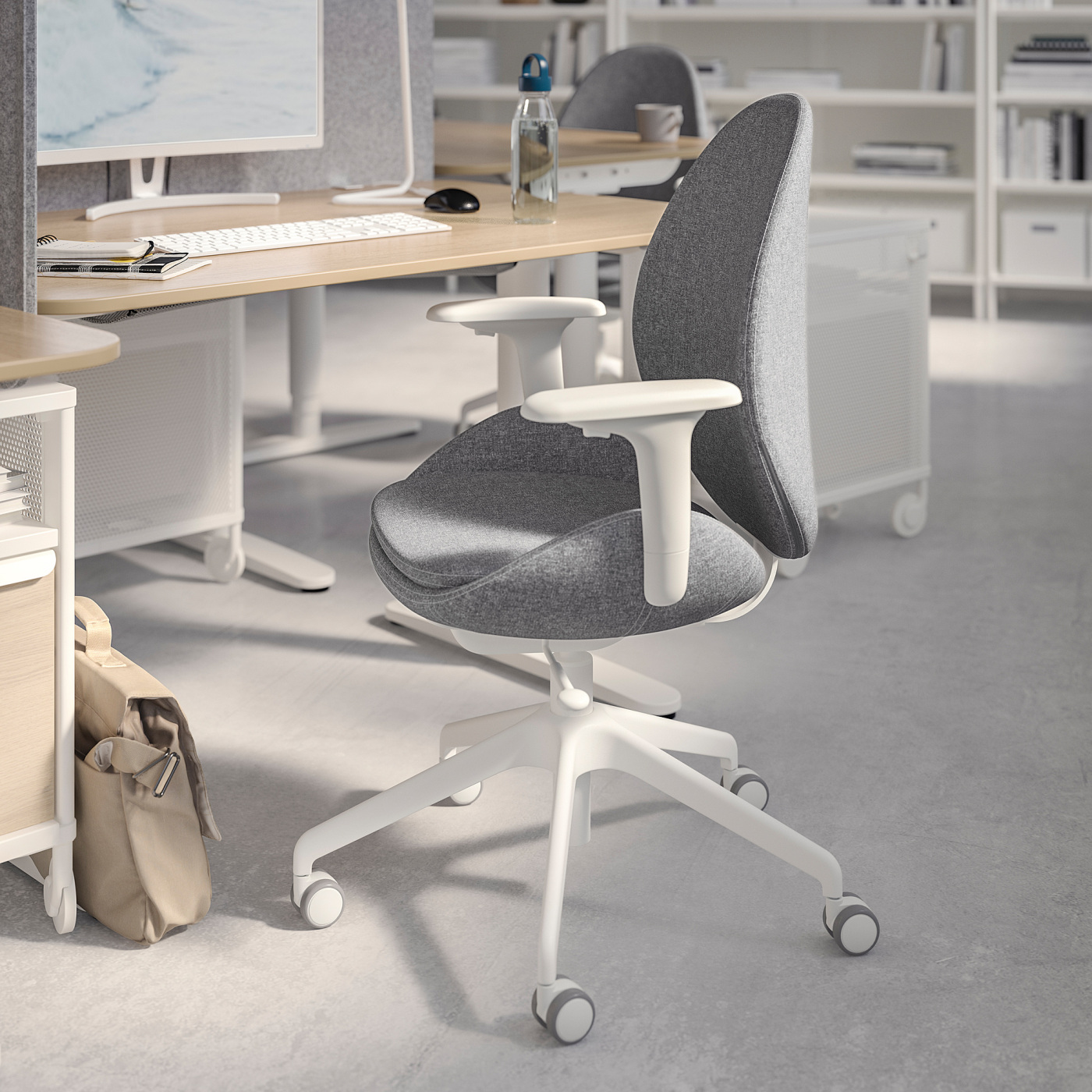 HATTEFJÄLL office chair with armrests Gunnared medium grey/white