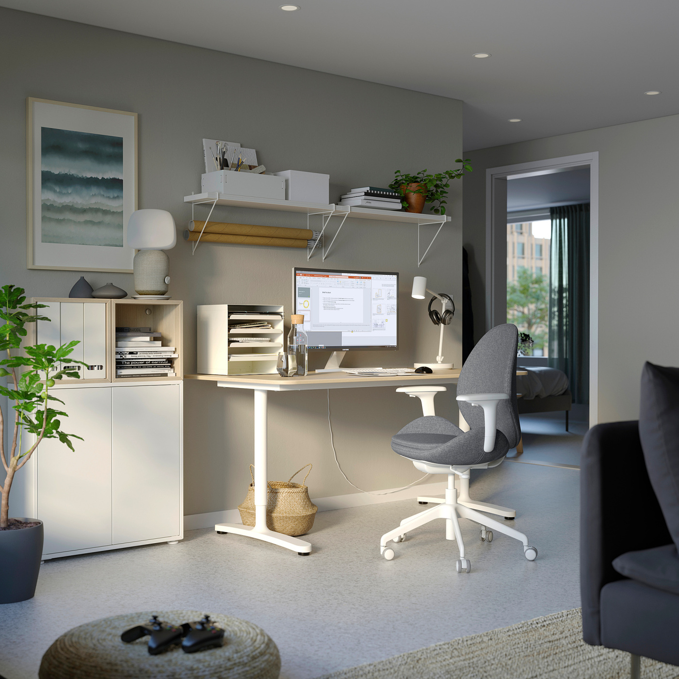 HATTEFJÄLL office chair with armrests Gunnared medium grey/white