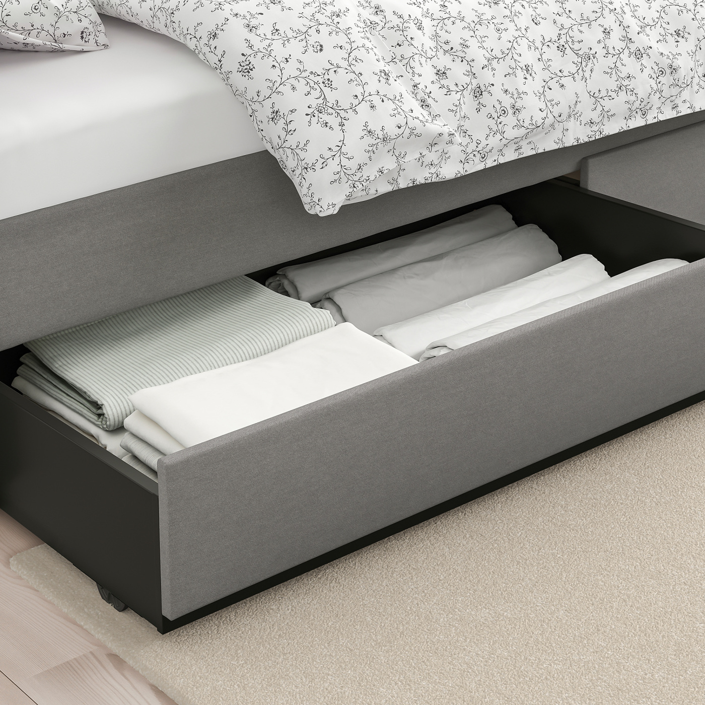 HAUGA upholstered bed, 4 storage boxes Vissle grey - IKEA HAUGA upholstered bed, 4 storage boxes Vissle grey - IKEA