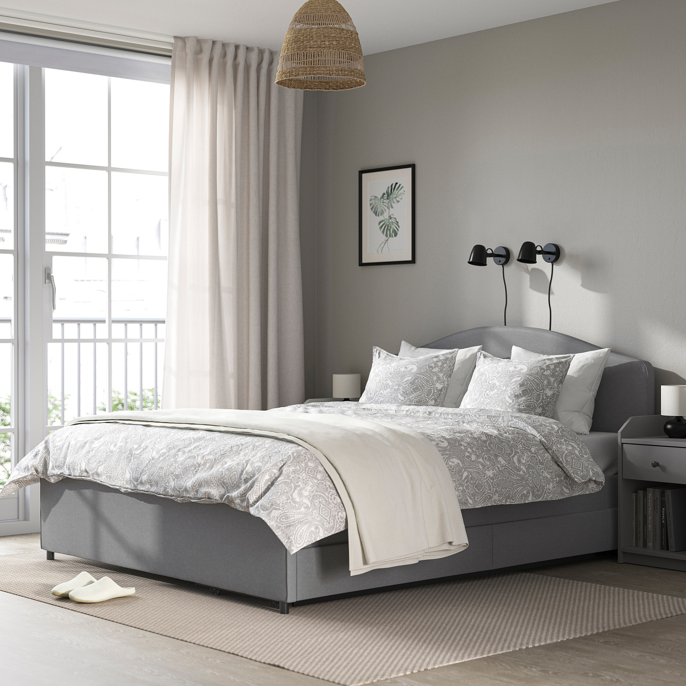 HAUGA upholstered bed, 4 storage boxes Vissle grey - IKEA HAUGA upholstered bed, 4 storage boxes Vissle grey - IKEA