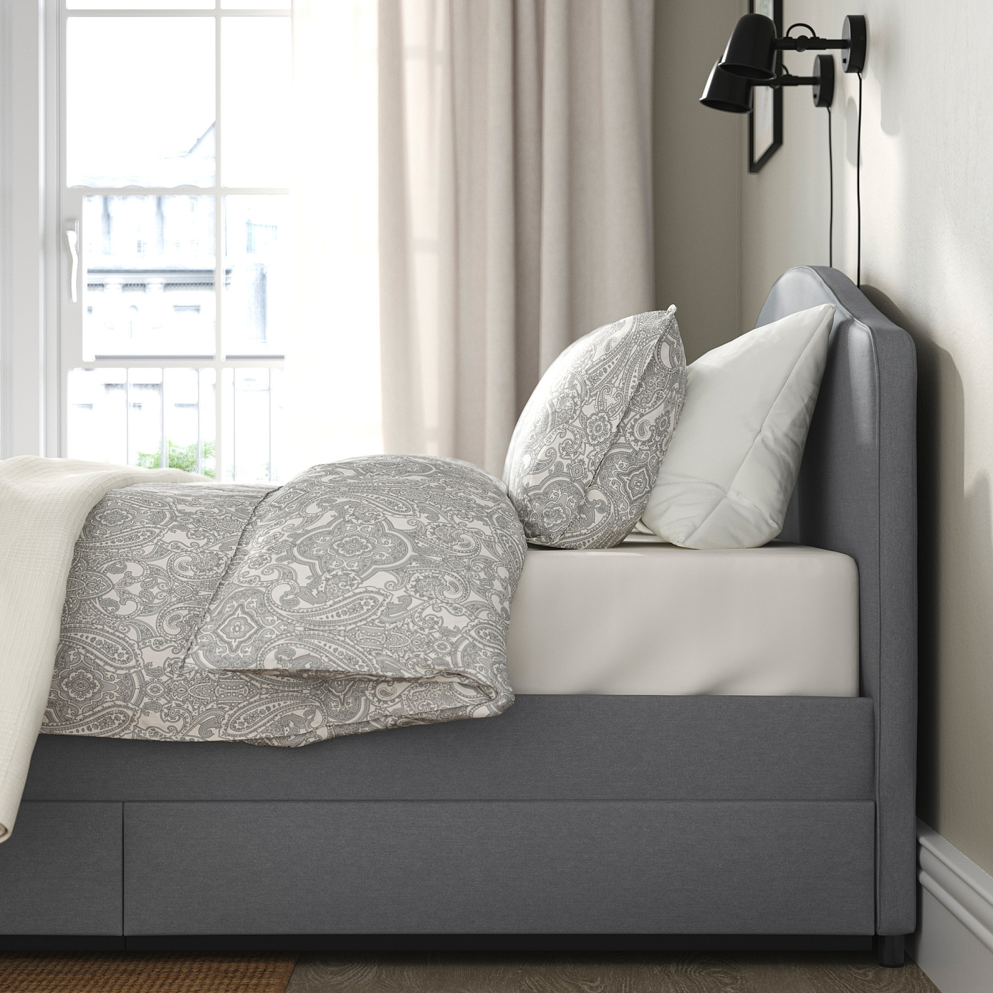 HAUGA upholstered bed, 4 storage boxes Vissle grey - IKEA HAUGA upholstered bed, 4 storage boxes Vissle grey - IKEA