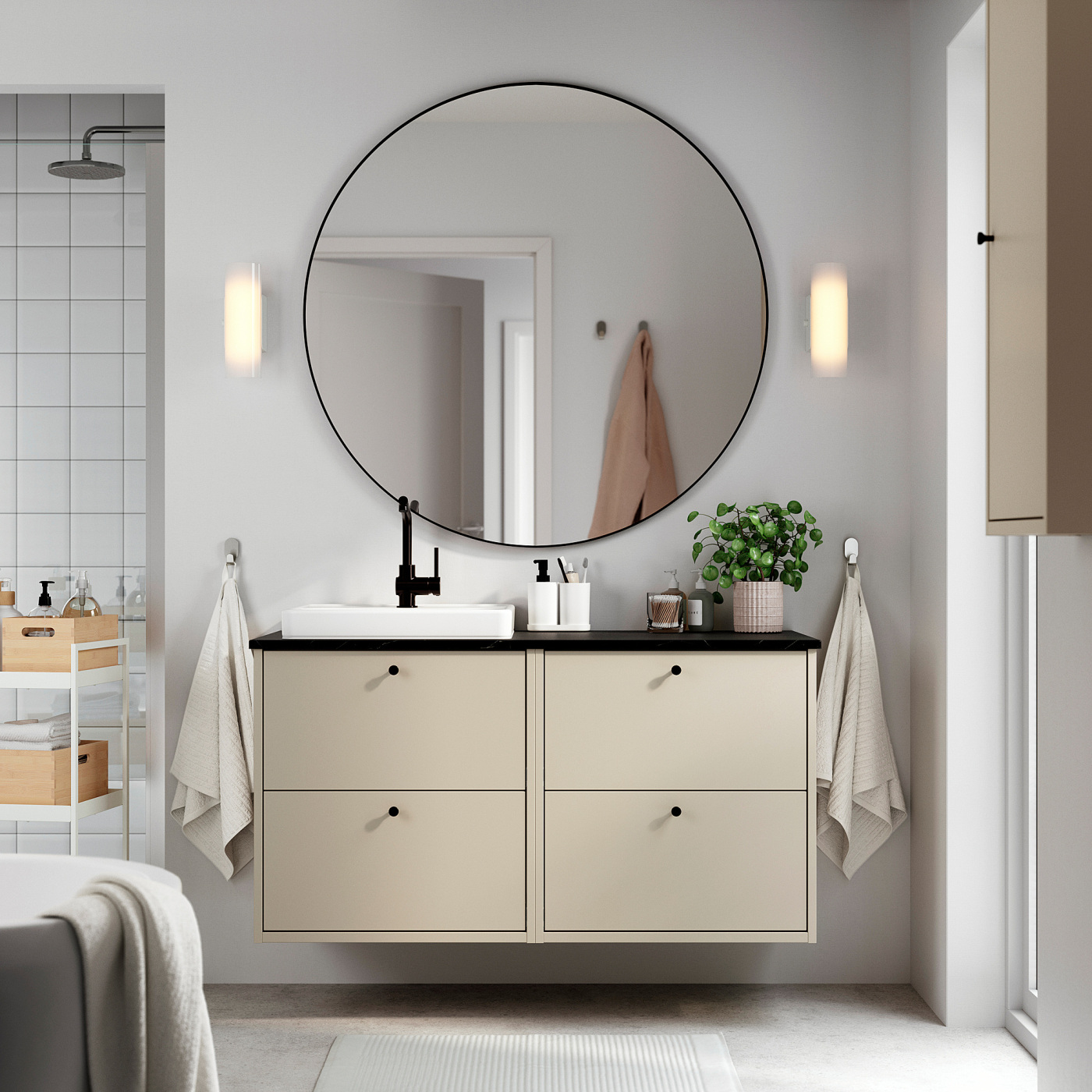 IKEA カウンター
チェアセット 2脚付き　美品 HAVBÄCK / ORRSJÖN wash-stand/wash-basin/tap beige/black marble
