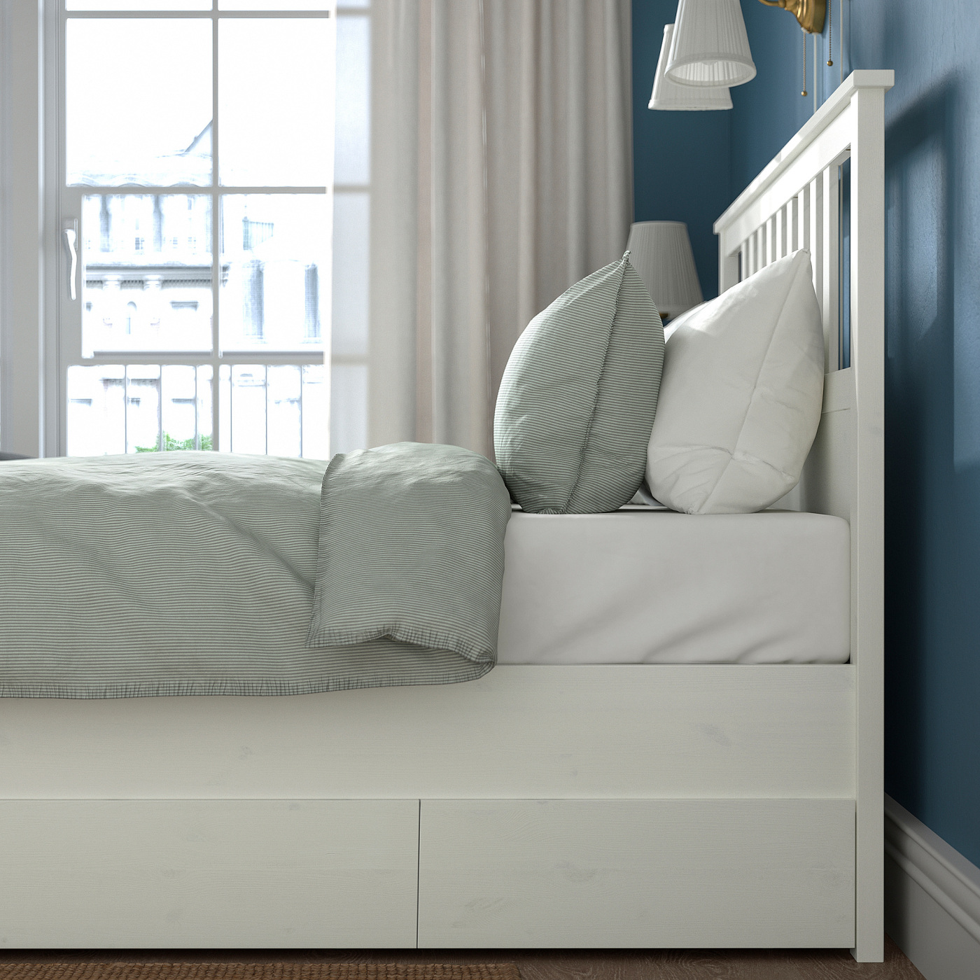 HEMNES bed frame with 4 storage boxes white stain/Lönset - IKEA
