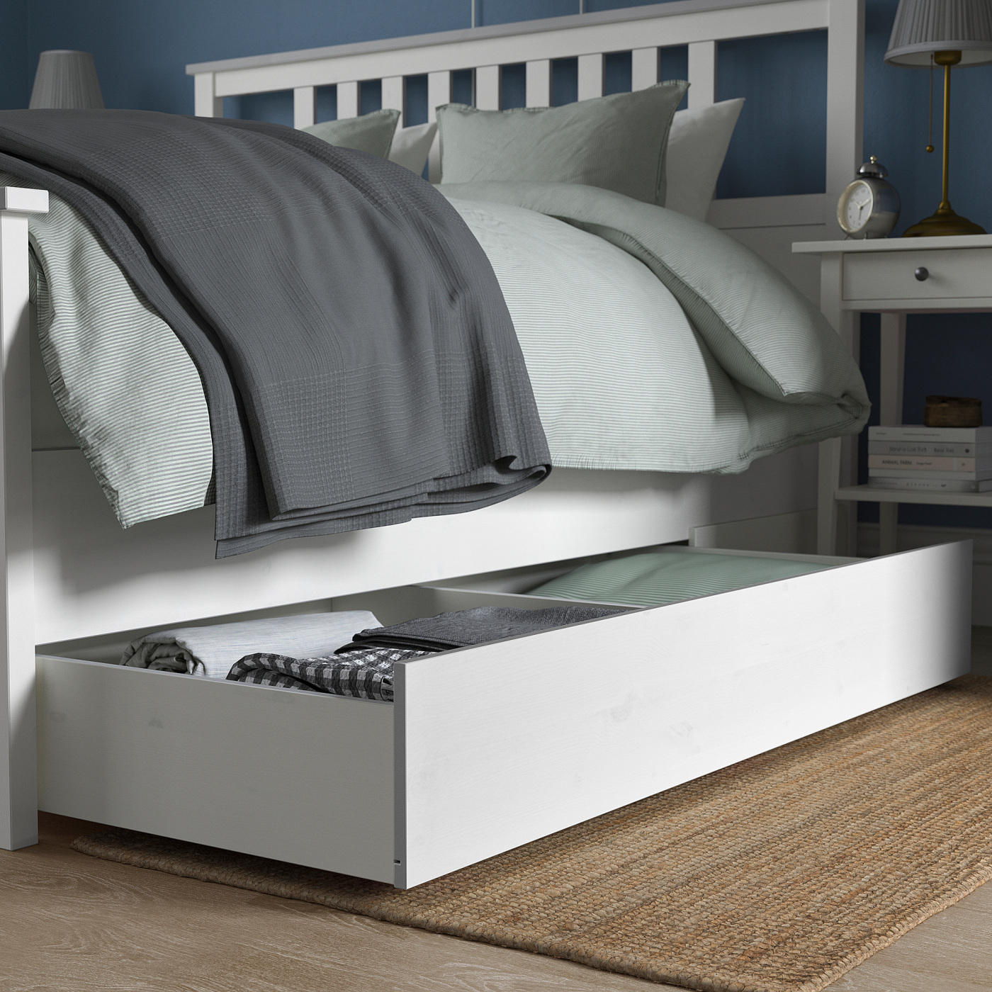 HEMNES bed frame with 4 storage boxes white stain/Lönset - IKEA