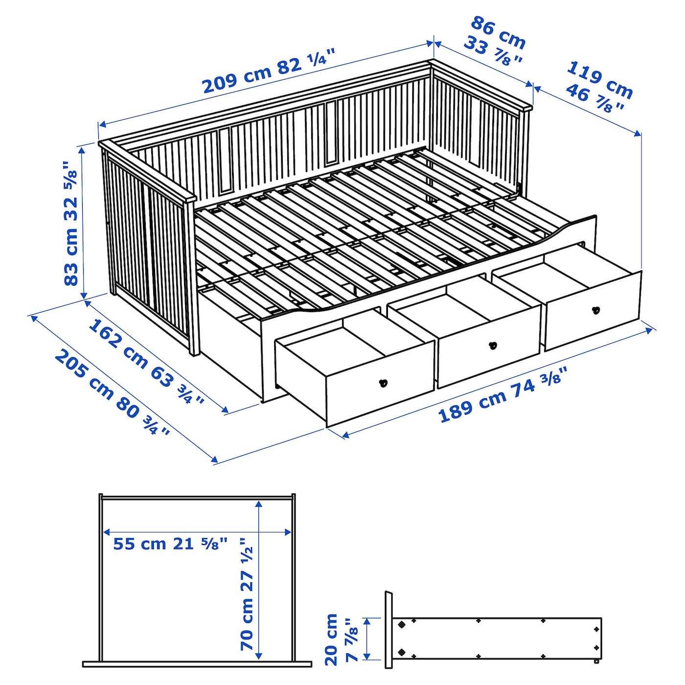 HEMNES ヘムネス デイベッドフレーム（引き出し×3）, ホワイト