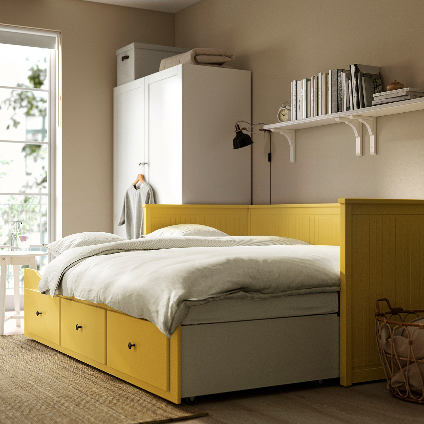HEMNES day-bed w 3 drawers/2 mattresses yellow/Åfjäll firm - IKEA