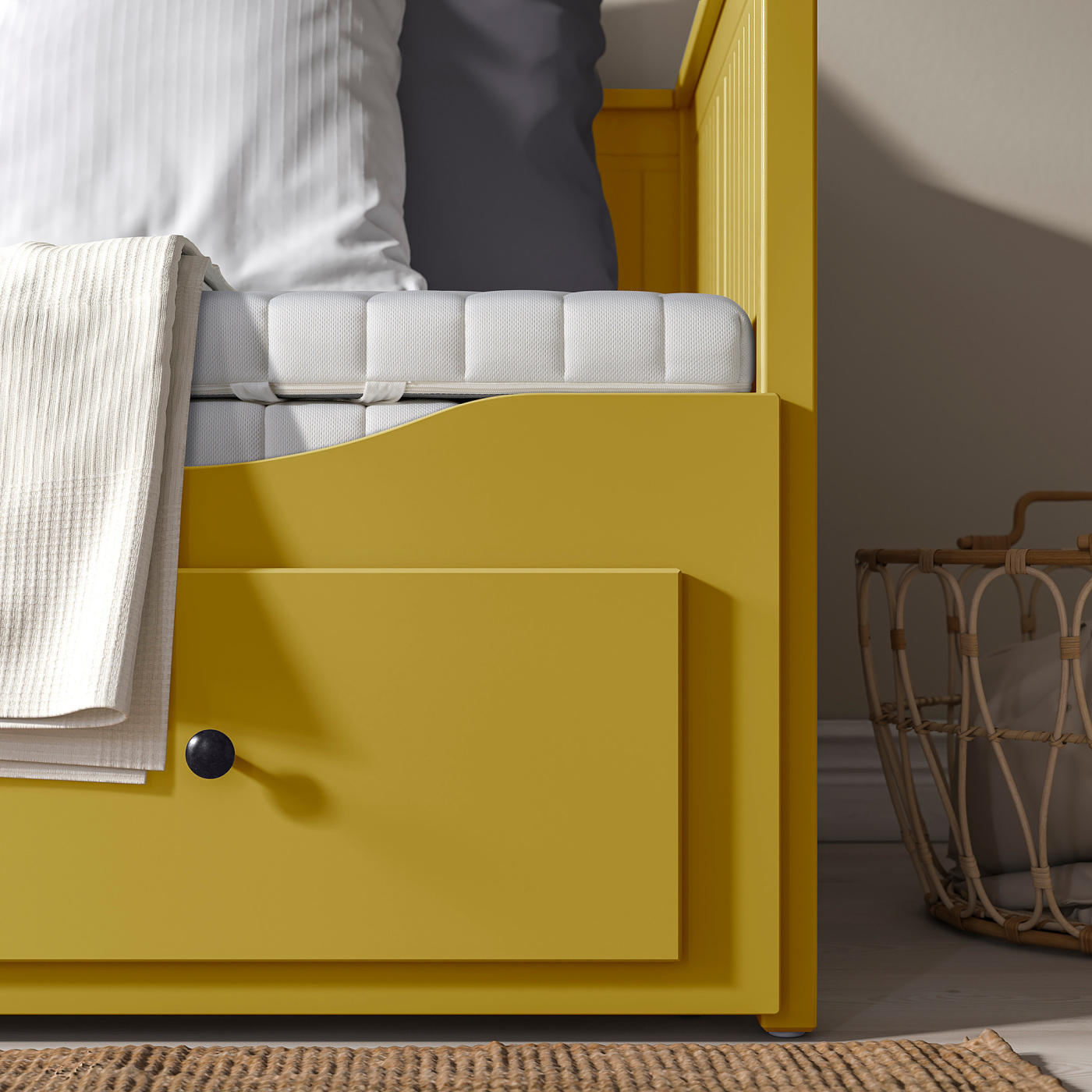 HEMNES day-bed w 3 drawers/2 mattresses yellow/Ånnfjället super