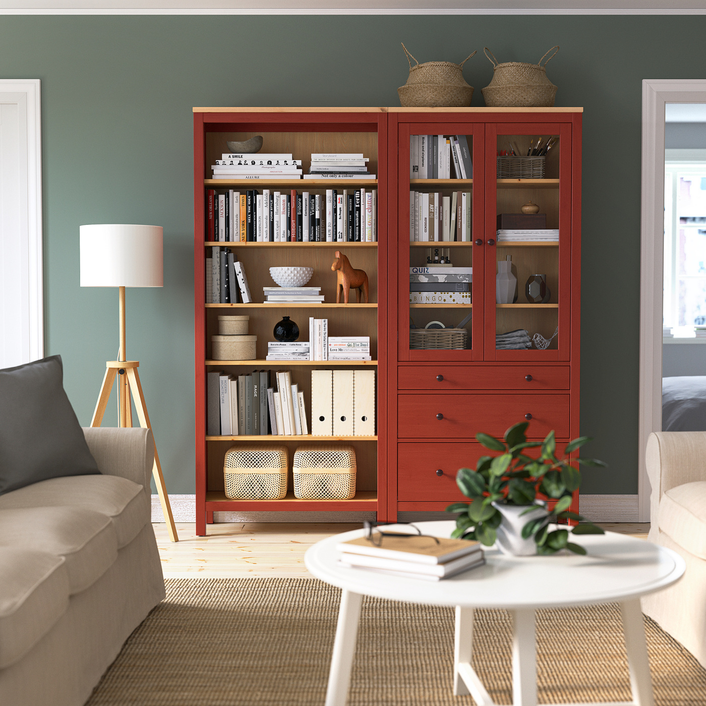 HEMNES storage combination w doors/drawers red stained/light brown
