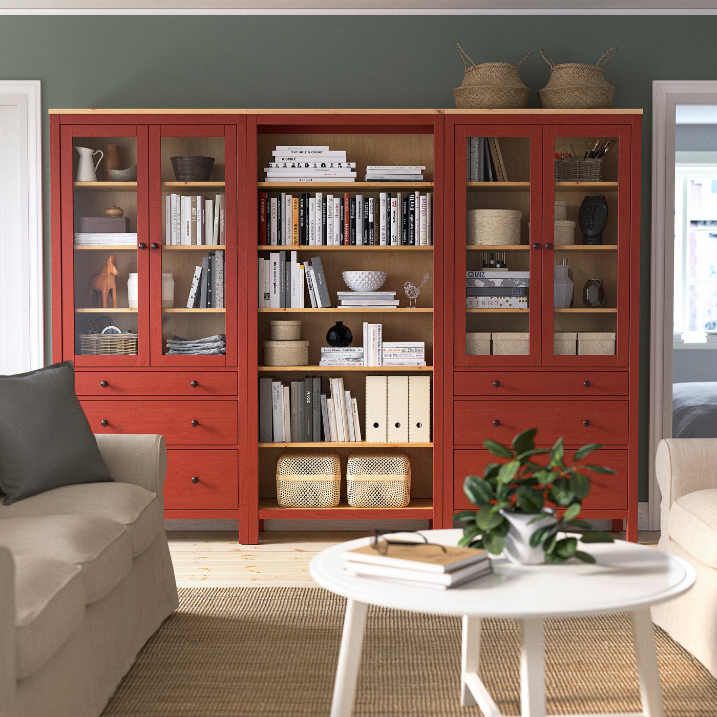 HEMNES storage combination w doors/drawers red stained/light brown