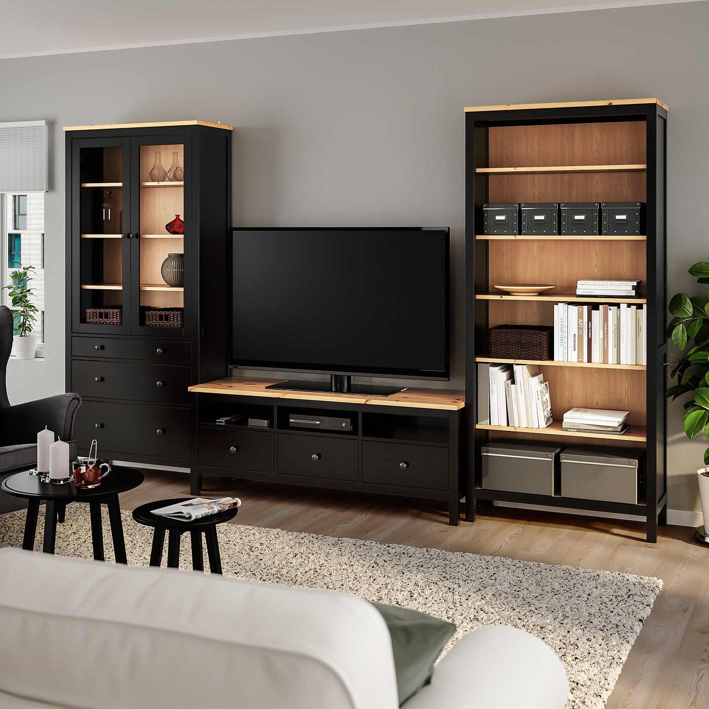 HEMNES TV storage combination black-brown/light brown clear glass