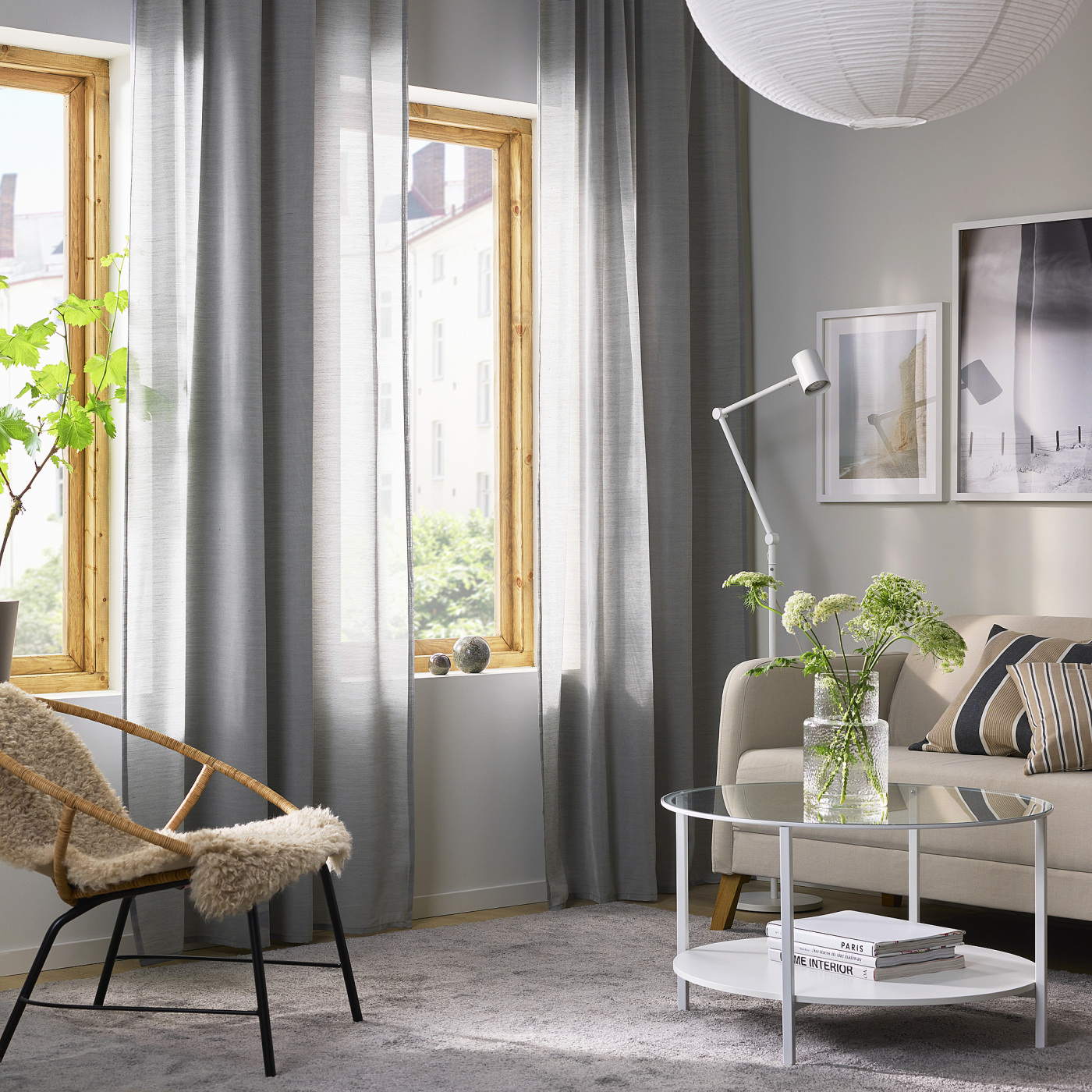 イケア HILJAグレーカーテン2組20390734 HILJA curtains, 1 pair grey/with heading tape - IKEA