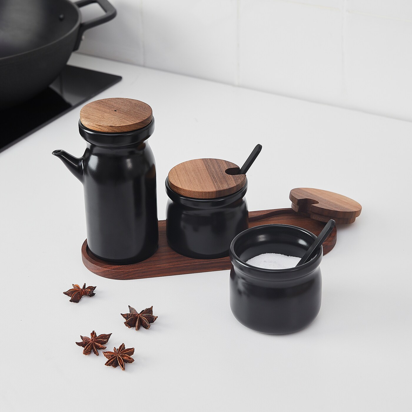 HULDHET spice jar with tray set of 3 ceramic black IKEA