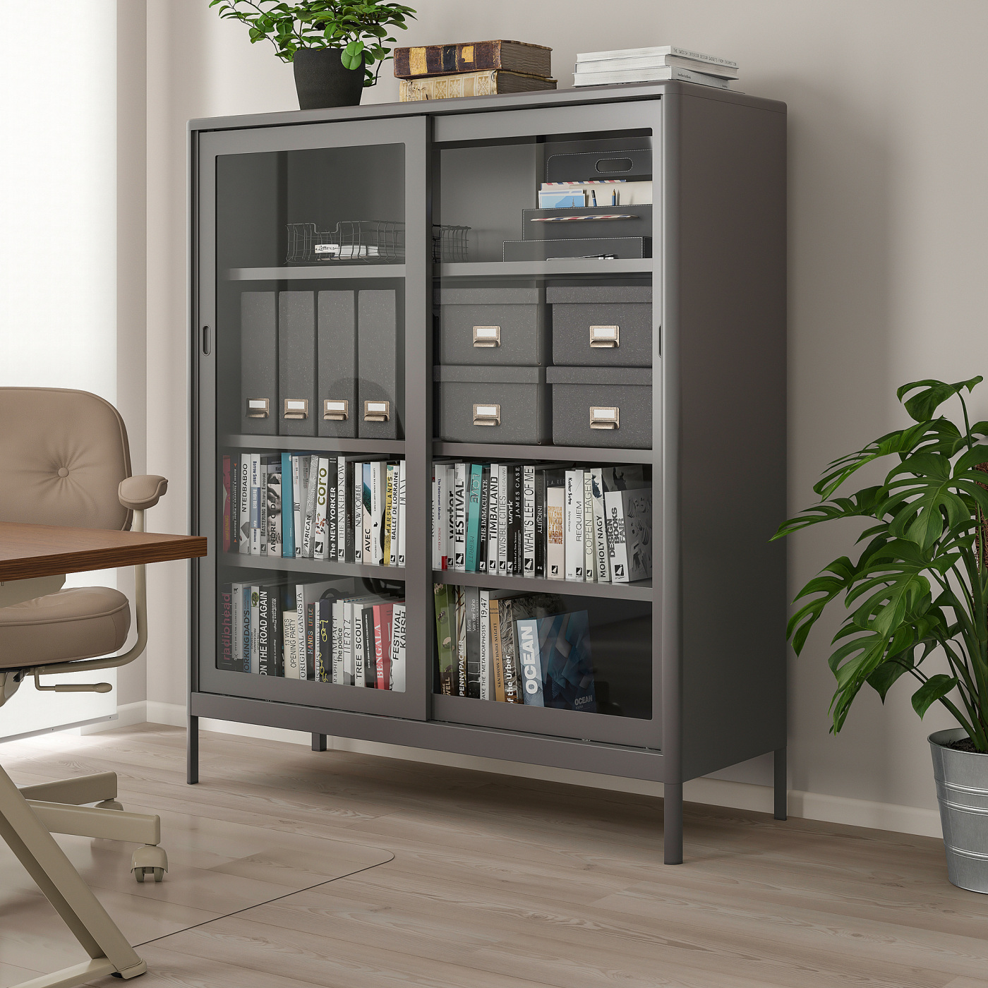 IDÅSEN cabinet with sliding glass doors dark grey - IKEA