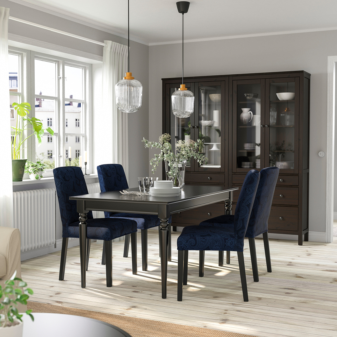 INGATORP / BERGMUND table and 4 chairs black/Kvillsfors dark blue