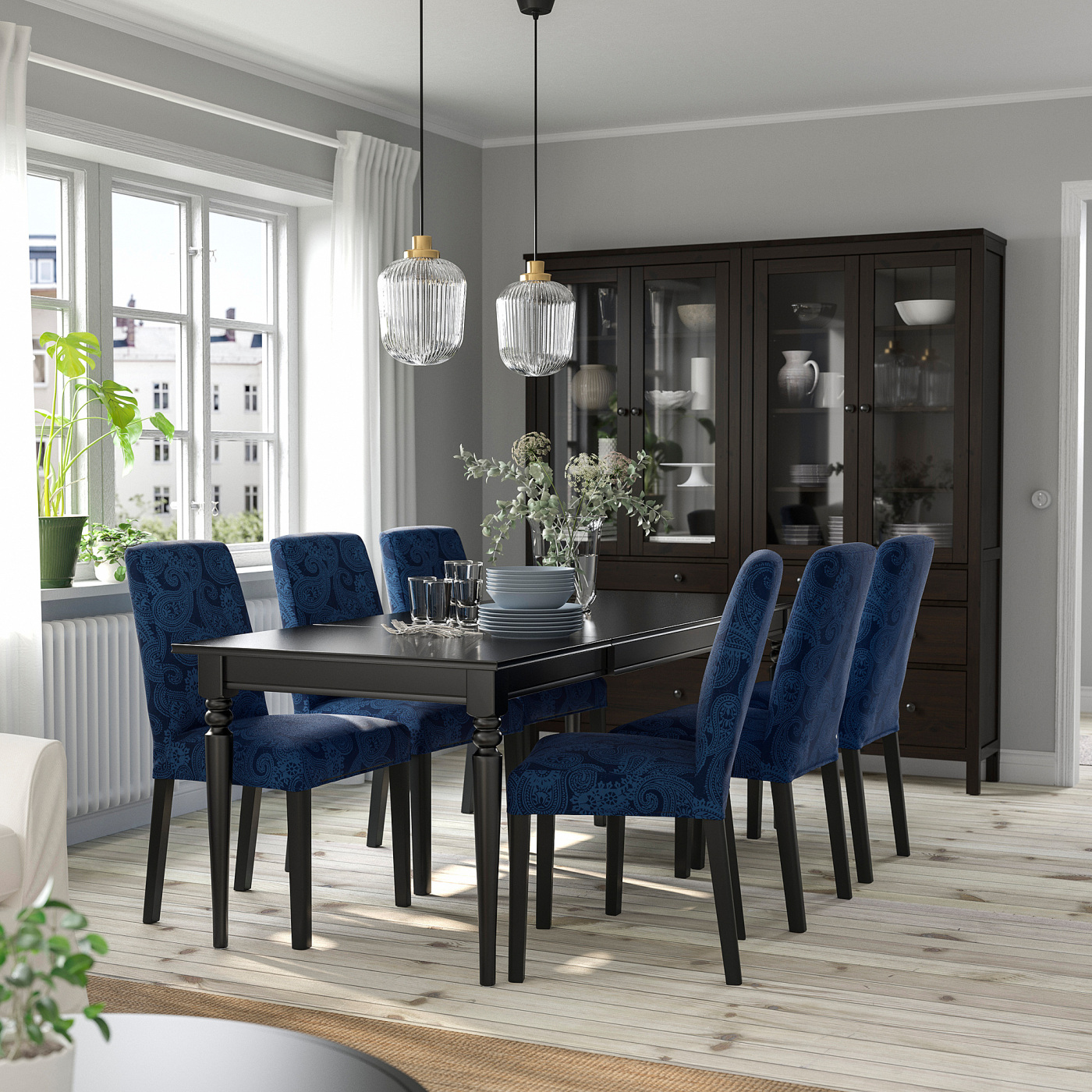 INGATORP / BERGMUND table and 4 chairs black/Kvillsfors dark blue
