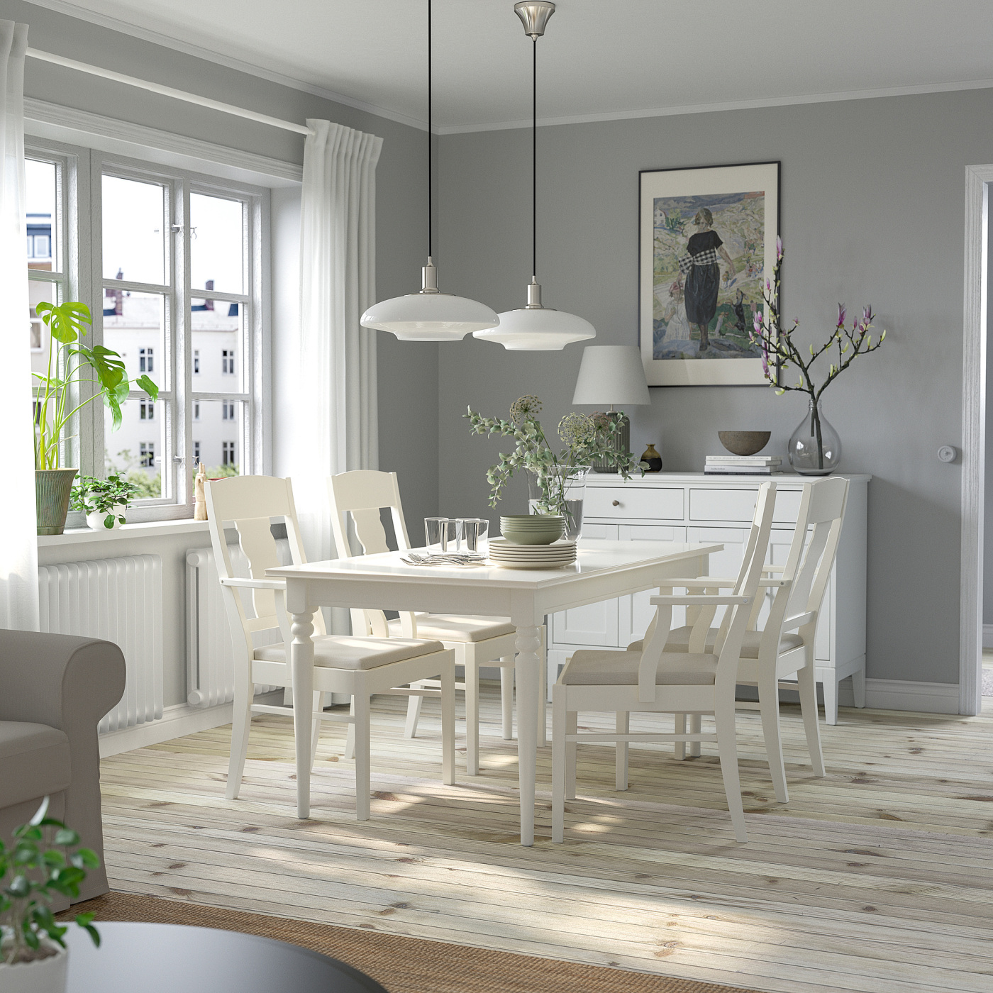 INGATORP / INGATORP table and 4 chairs with armrests white white