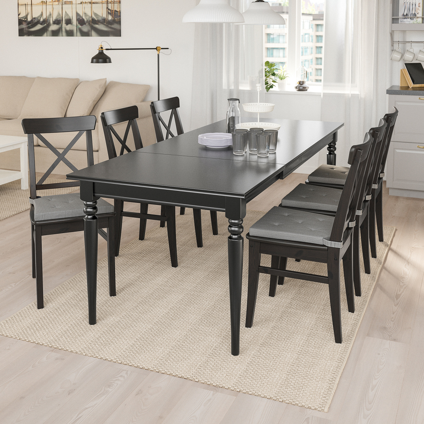 INGATORP / INGOLF table and 6 chairs black/brown-black - IKEA