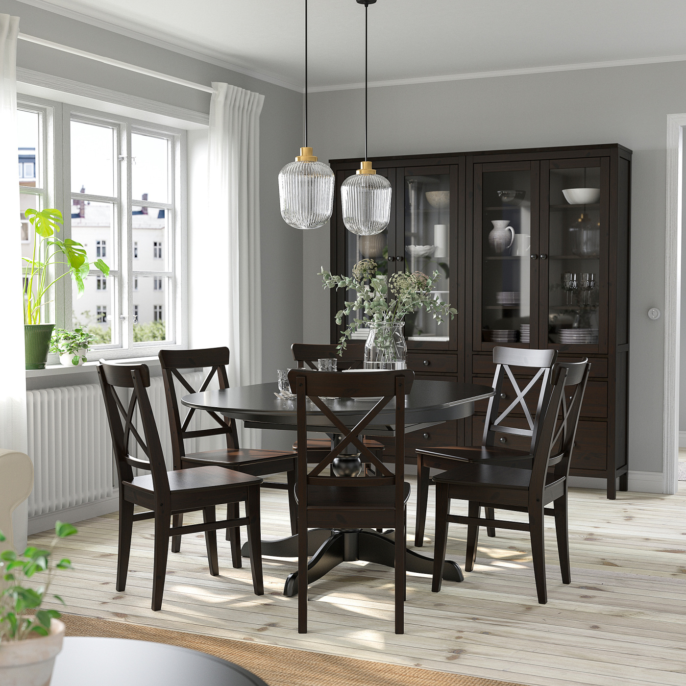 INGATORP / INGOLF table and 6 chairs black/brown-black - IKEA