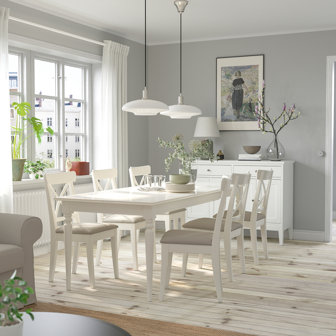 INGATORP / INGOLF table and 6 chairs white white/Hallarp beige - IKEA