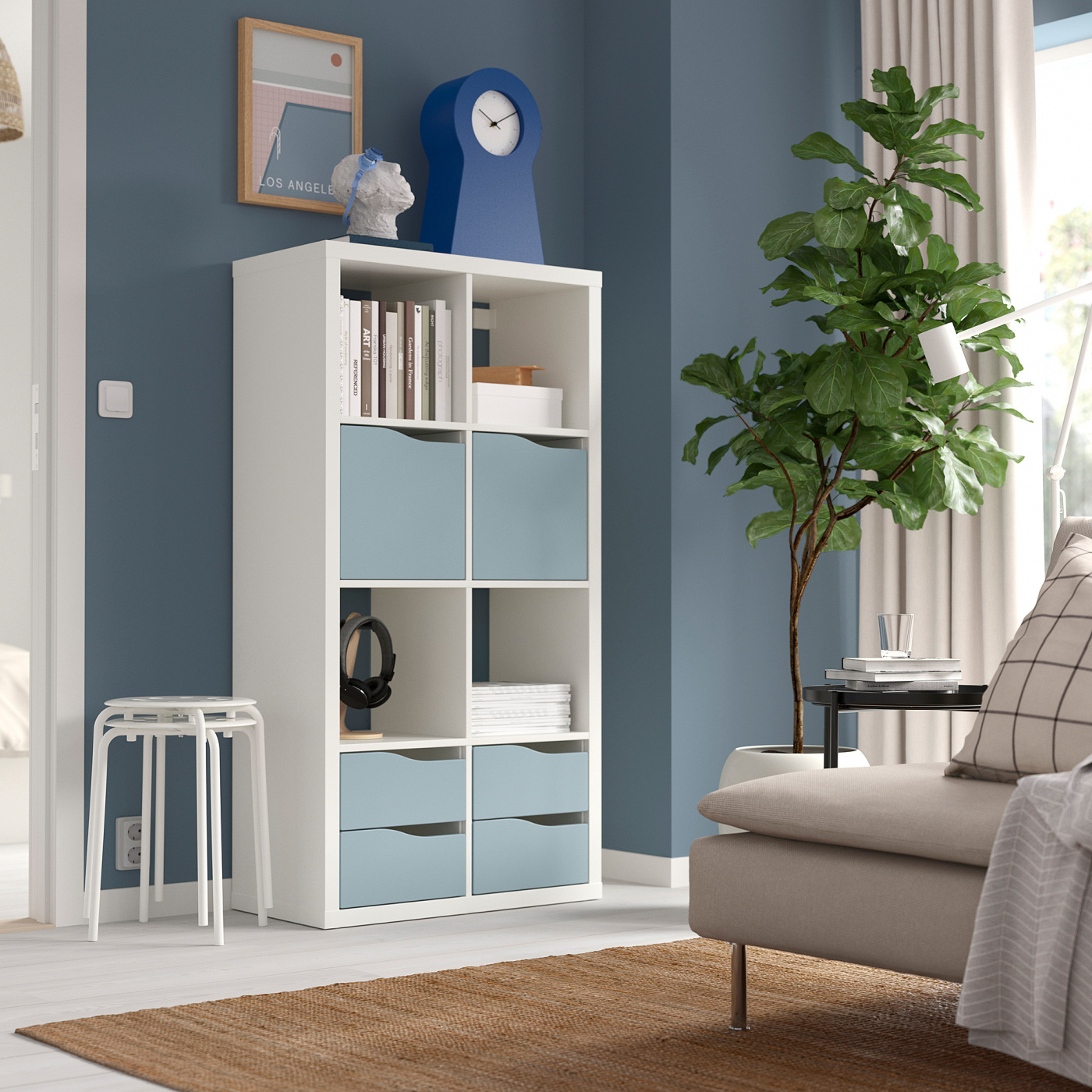 KALLAX shelving unit with 2 doors/4 drawers white/light grey-blue