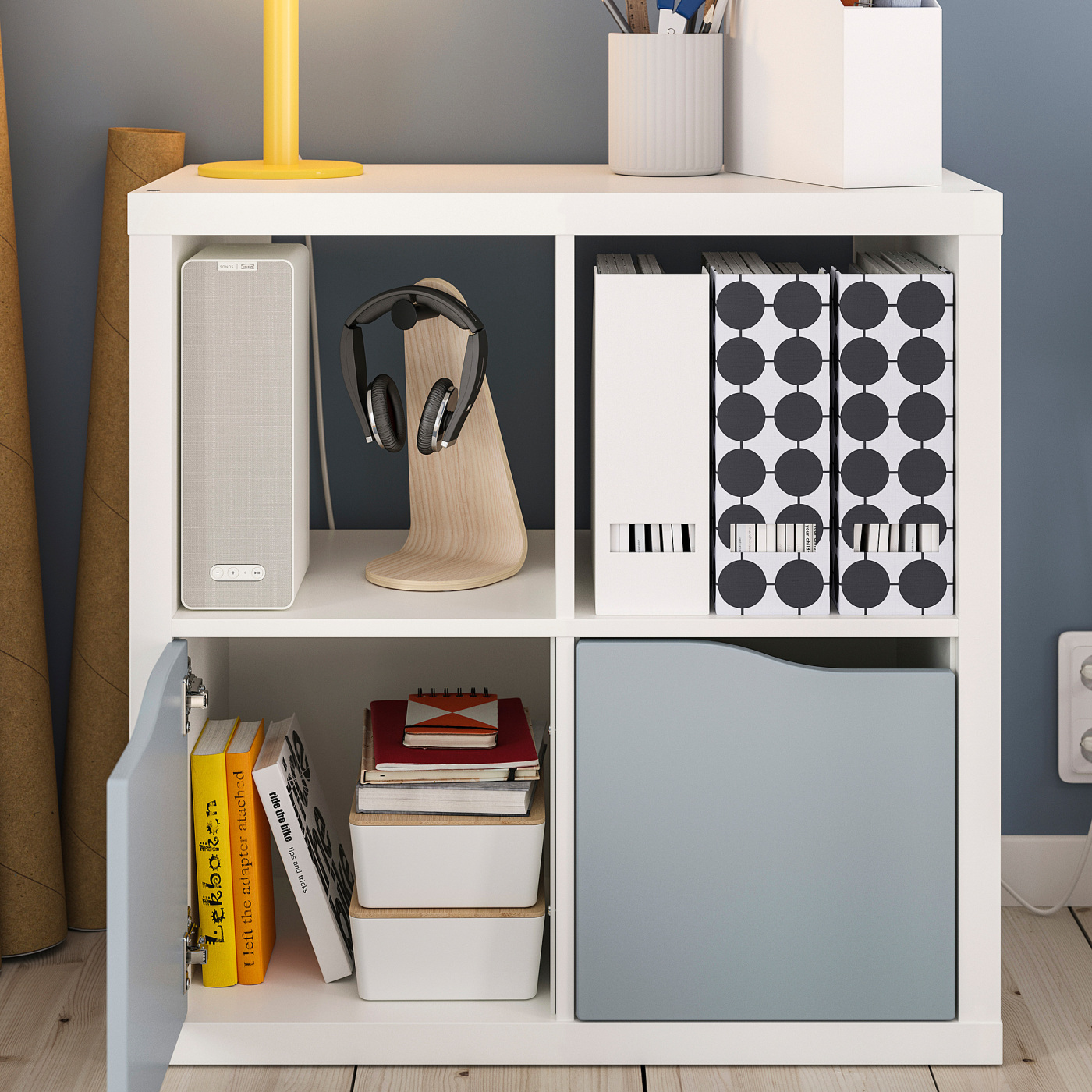 KALLAX shelving unit with 2 doors white/light grey-blue wave